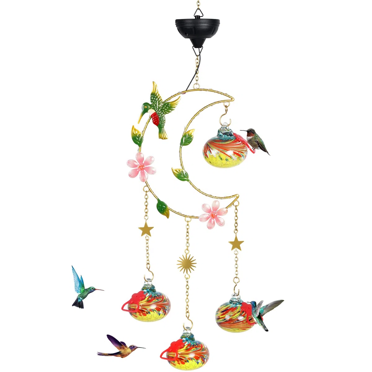 Headak Life Alimentatori solari per colibrì per esterni, da appendere, a prova di formiche e api, luce solare lunare, decorazione da giardino con 4 stazioni di alimentazione, regalo per uomo e donna,