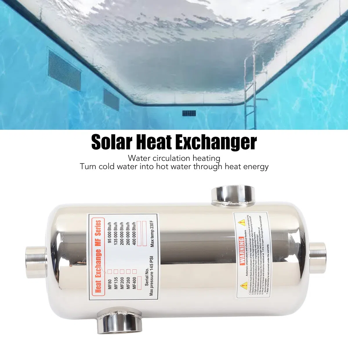 Fockety Scambiatore di Calore per Piscina, Scambiatore di Calore a Guscio Tubolare in Acciaio Inossidabile da 40 KW, Scambiatore di Calore Ad Acqua Salata per Spa, Vasca Idromassaggio