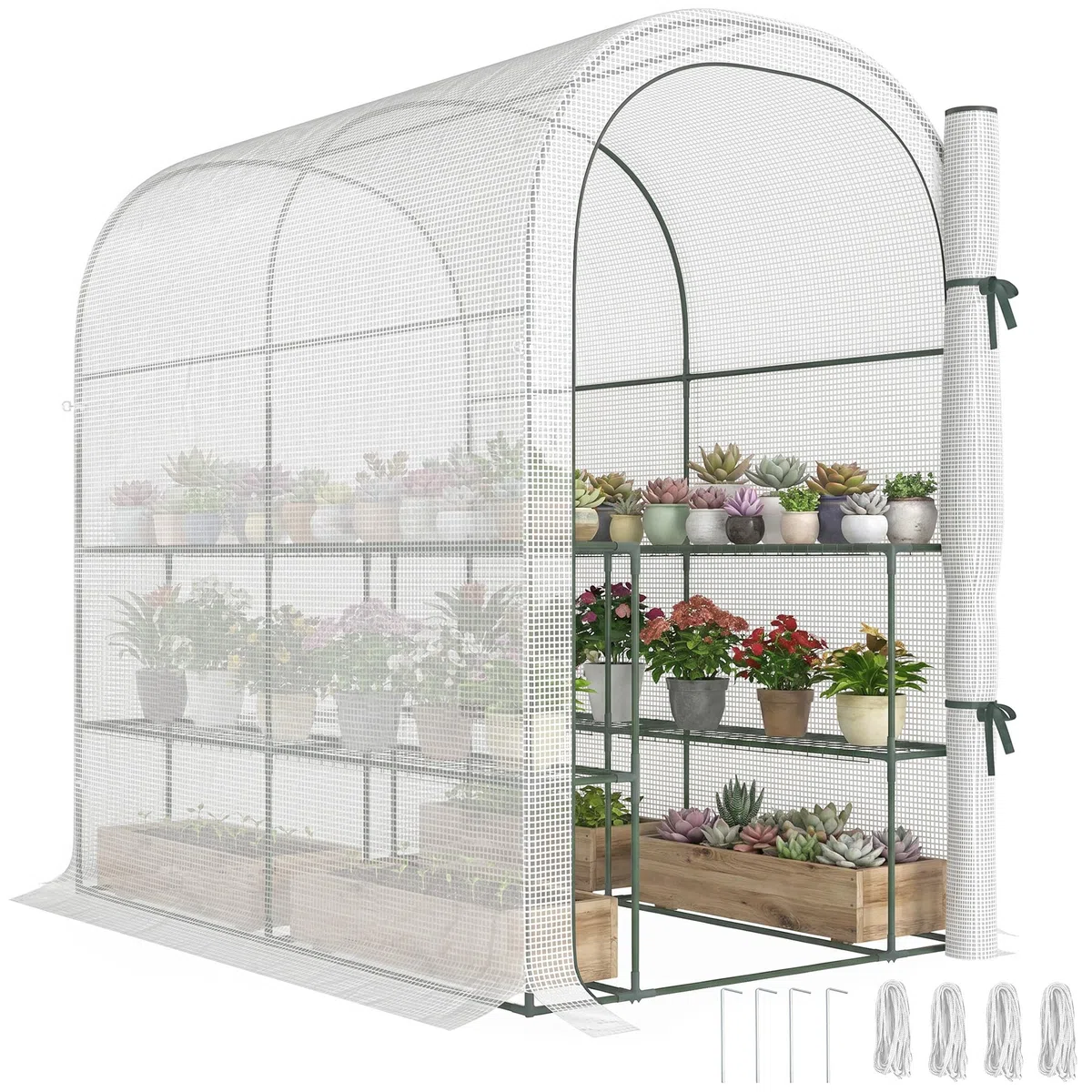 Outsunny Serra da Giardino con Scaffali a 2 Livelli e Porta Avvolgibile, Serra per Orto con Struttura in Acciaio, Copertura in PE Anti-UV, per Orto Verdure Fiori Piante, 123x187x189 cm, Bianco