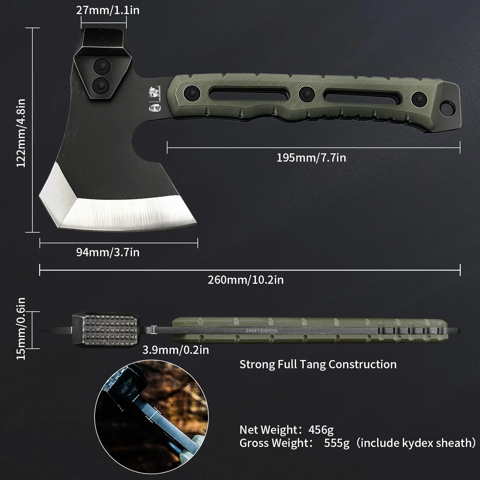 HX OUTDOORS Ascia Multifunzionale, Piccola Tattica da Sopravvivenza per Campeggio, Piccolo Ascia da Bushcraft con Martello e Fodero in Kydex (Verde Militare)