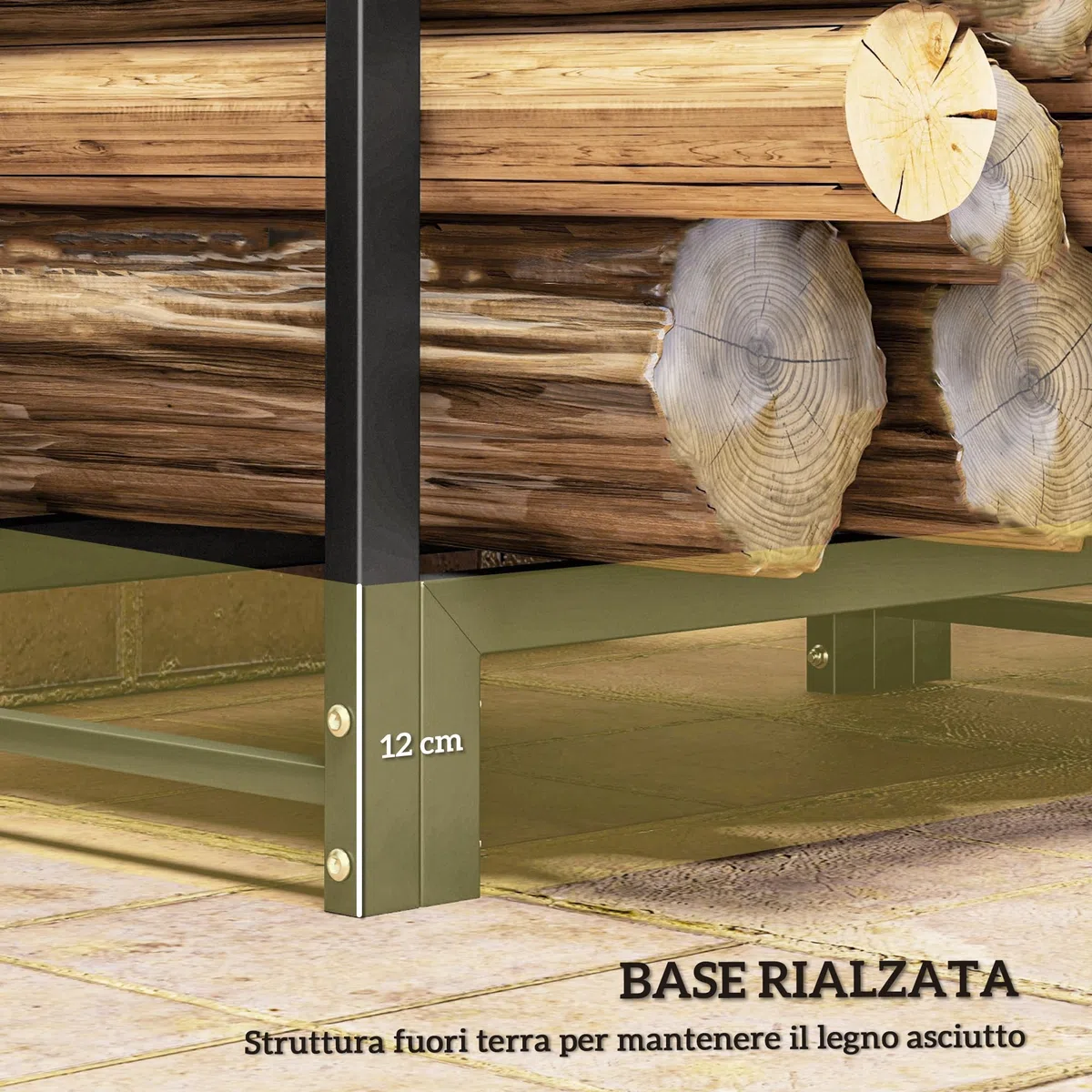 Outsunny Portalegna da Esterno a 2 Sezioni, Portalegna per Camino con 6 Gambe e 3 Anelli, 123x32x115 cm, Nero