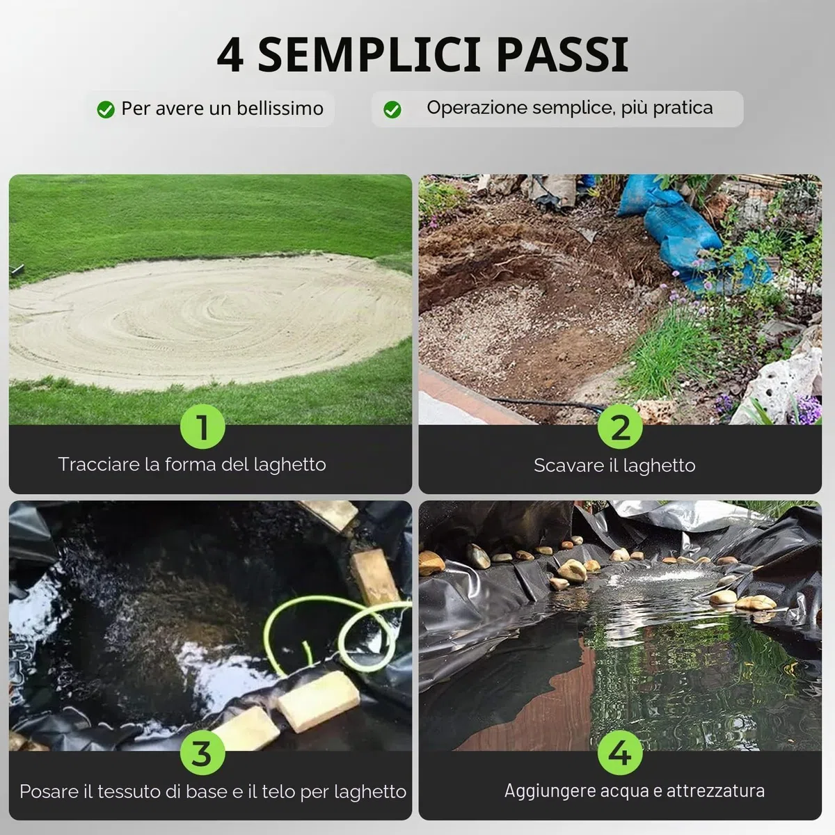 3x4m Telo Laghetto, 0.2mm Spessore Telo per Laghetto da Giardino, Fodera Laghetto per Fontana da Giardino Esterno, Cascata, Laghetto per Tartarughe
