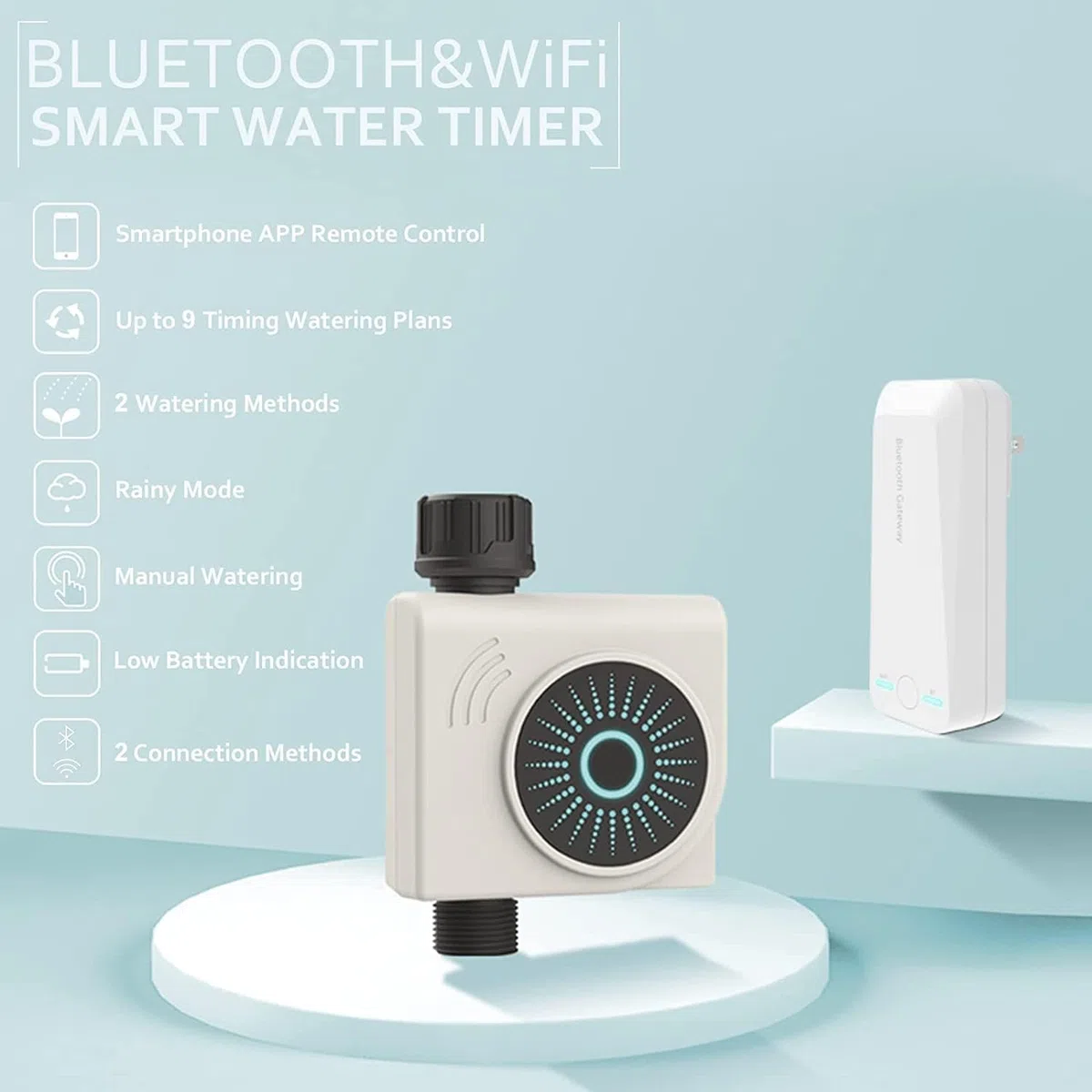 Timer di irrigazione intelligente WiFi e Bluetooth con Gateway, 1 zona, programmatore automatico per rubinetto, controllo app, compatibile Alexa e Google, Rain Delay.