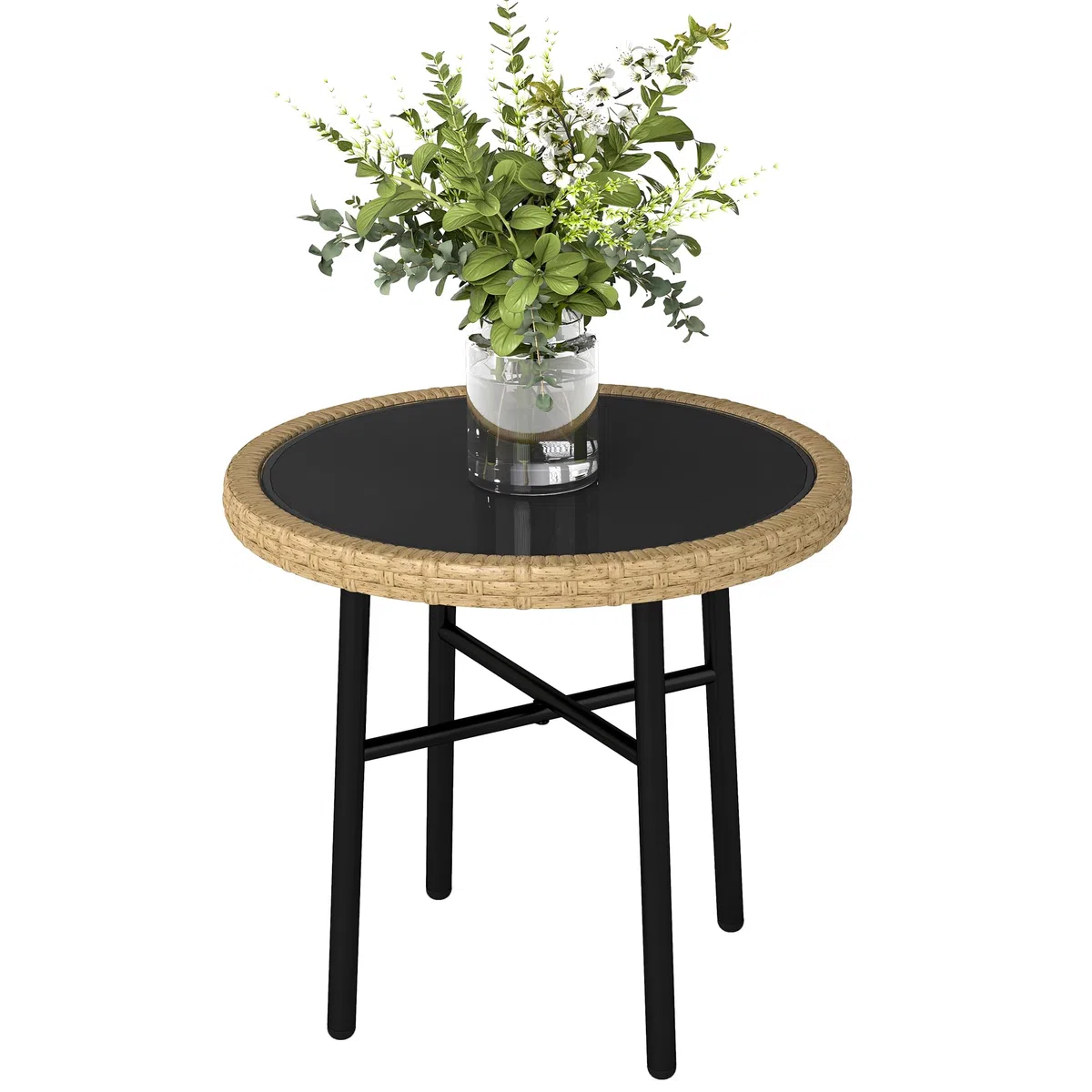 Outsunny Tavolino rotondo da giardino in resina effetto rattan, acciaio e piano in vetro temperato Ø 46 cm, tavolino per soggiorno, balcone, piscina, naturale