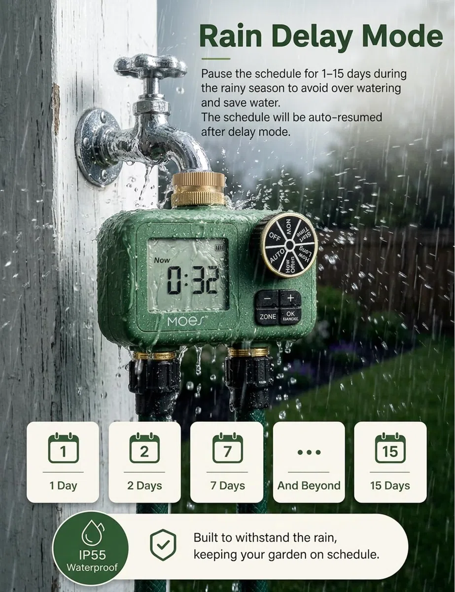 MOES Timer dell'acqua a 2 zone per tubo da giardino - Ingresso e prese in ottone da 3/4", timer indipendente a doppia uscita, controller di irrigazione programmabile con ritardo pioggia e modalità