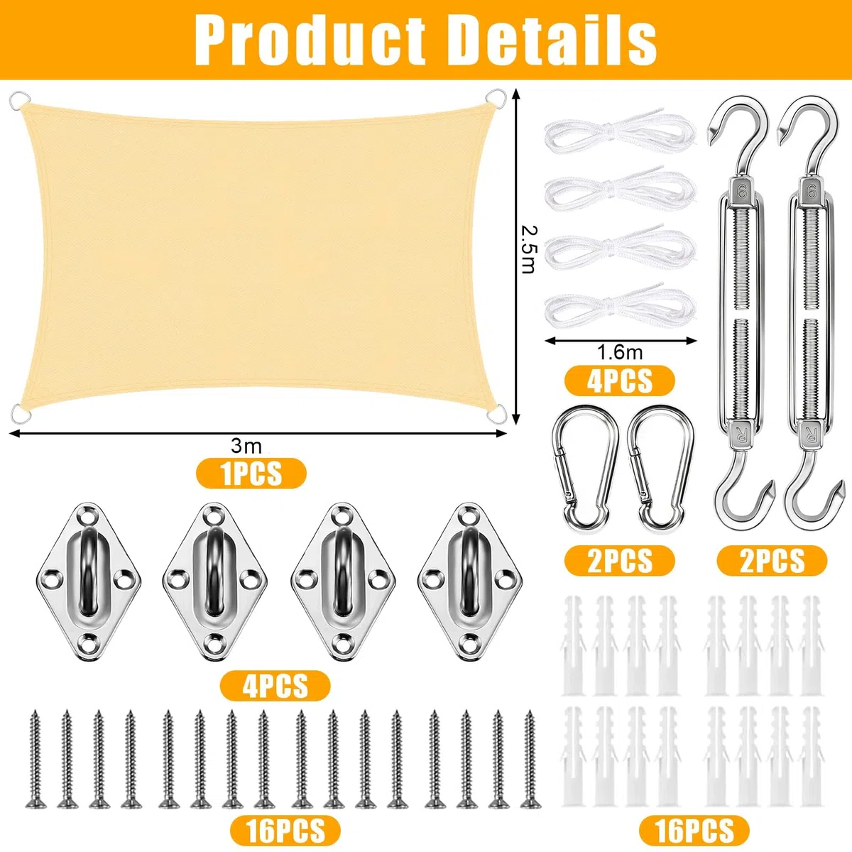 Telo Ombreggiante Impermeabile, Con Kit Fissaggio, Tenda a Vela Impermeabile Rettangolare 2,5x3m Vela Ombreggiante Parasole Protezione Raggi UV per Esterno Giardino terrazza Colore Beige