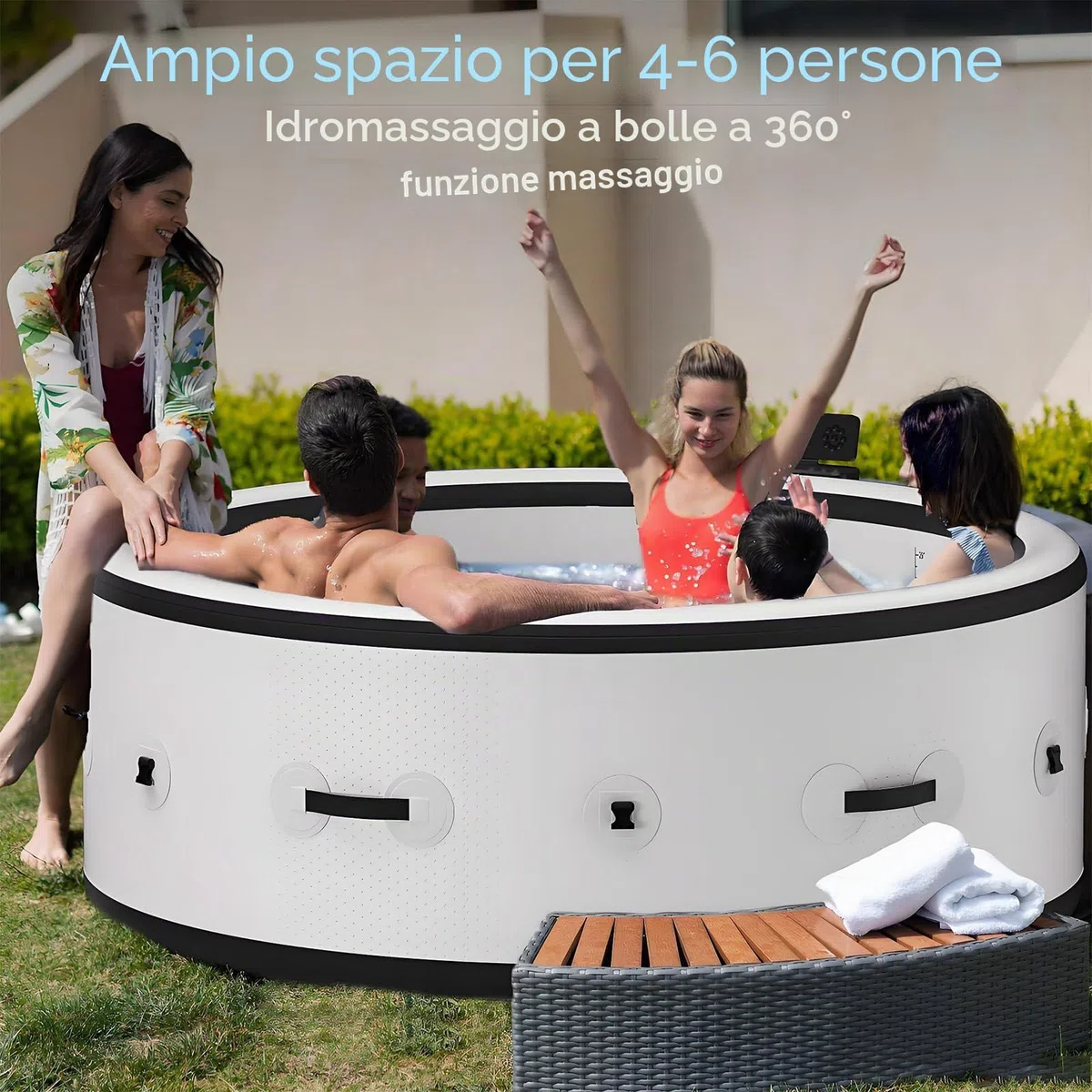 Vasca Idromassaggio Gonfiabile, Spa Gonfiabile Portatile di Grandi Dimensioni con 180 Getti di Massaggio Ad Aria, Pompa Riscaldante e Copertura Isolante, Impermeabile per Esterni, per 2-6 Persone, per