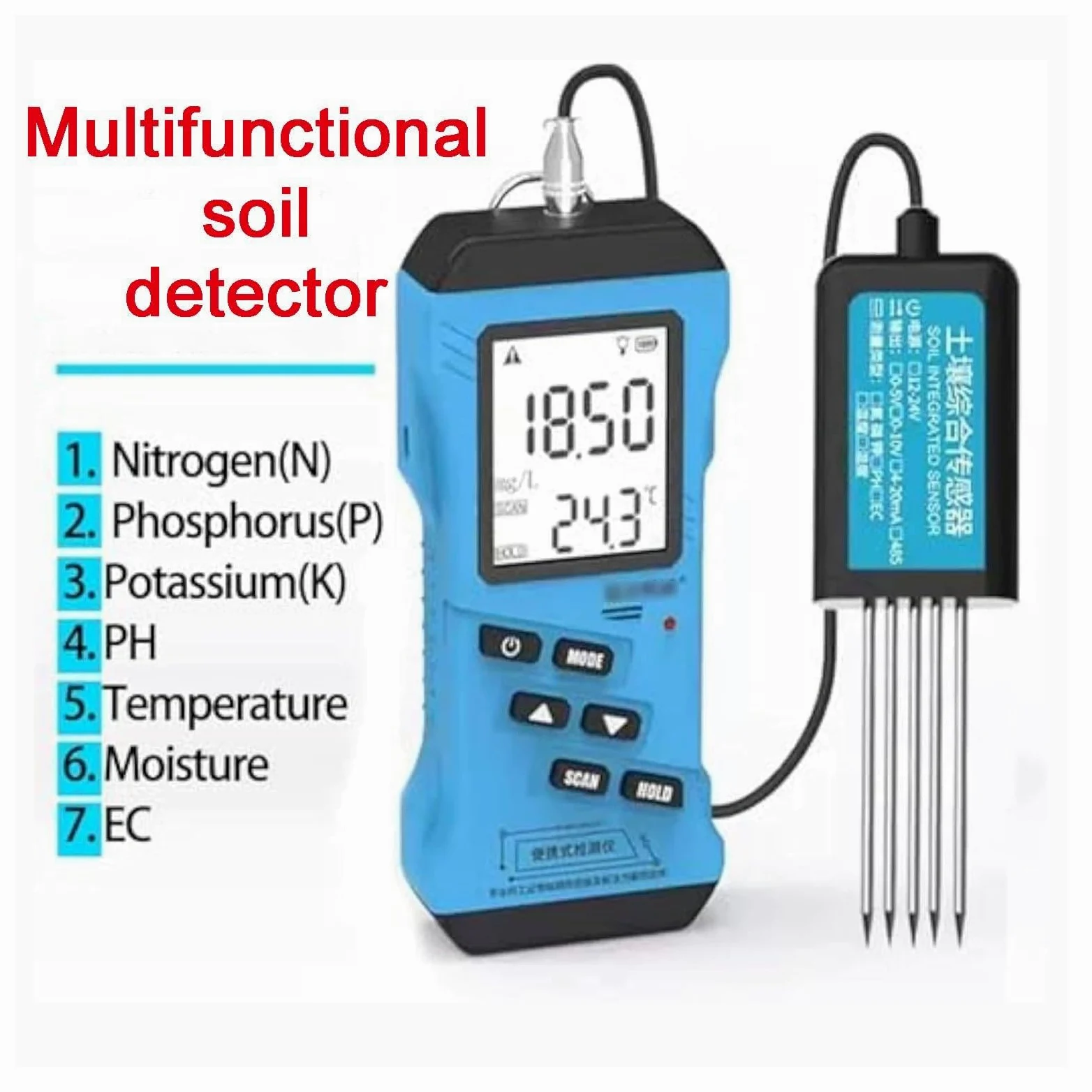 Tester del terreno multifunzionale 7 in 1, azoto, fosforo, potassio, tester NPK, pH, umidità, conduttività dei nutrienti, misuratore EC, test di fertilità del terreno