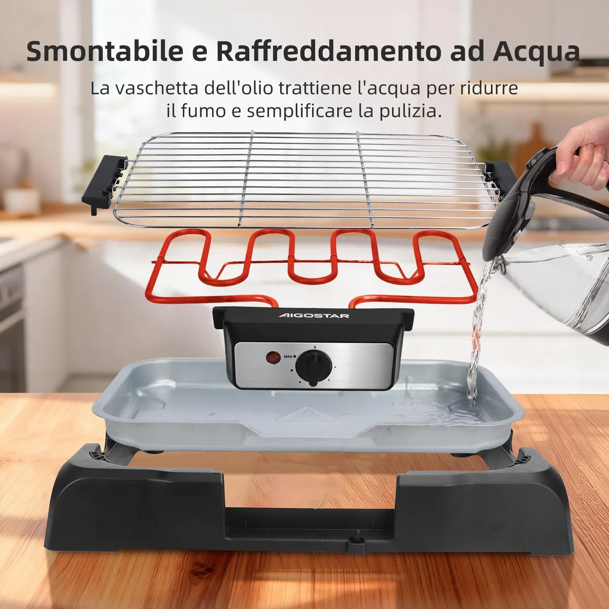 Aigostar Griglia Barbecue Elettrica da Tavolo, Griglia per Feste, Termostato Regolabile, Cottura Lenta e Rapida, Potenza 2000 W, Nero