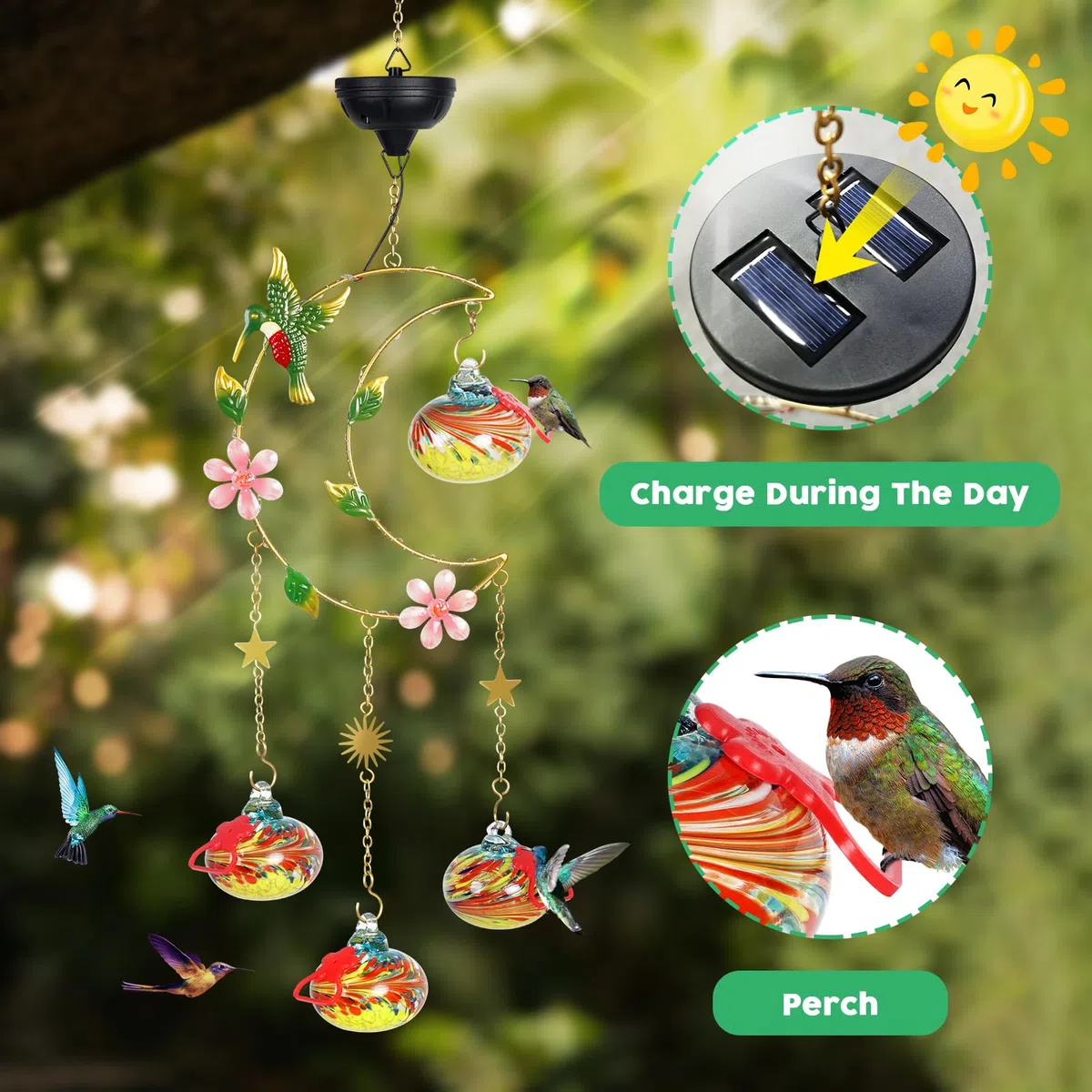 Headak Life Alimentatori solari per colibrì per esterni, da appendere, a prova di formiche e api, luce solare lunare, decorazione da giardino con 4 stazioni di alimentazione, regalo per uomo e donna,