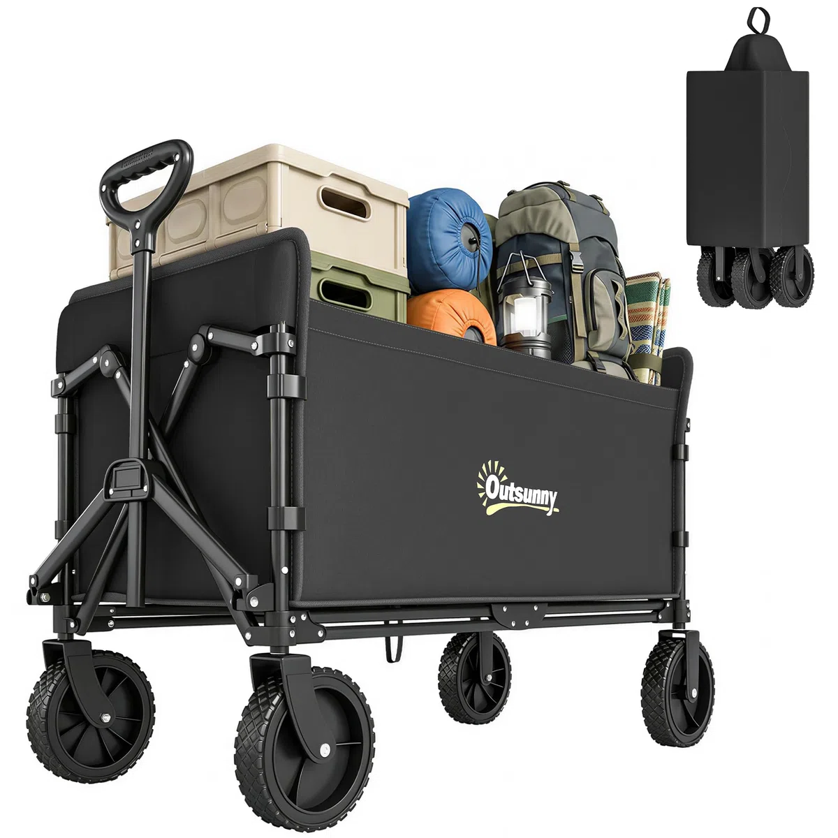Outsunny Carrello da Giardino da 180L con 4 Ruote Girevoli, Carrello Spiaggia Pieghevole in Acciaio e Tessuto Oxford con Sacca Portaoggetti e Maniglia Girevole e Regolabile, 90x48x62 cm, Nero
