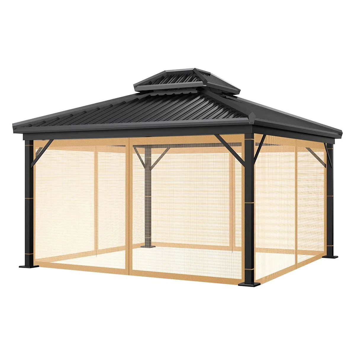 Gazebo, Zanzariera, Rete per Gazebo da Esterno, Ricambio, Universale, 4 Pannelli, Pareti Laterali con Cerniera, Zanzariera Impermeabile, 3 x 3 m, Marrone