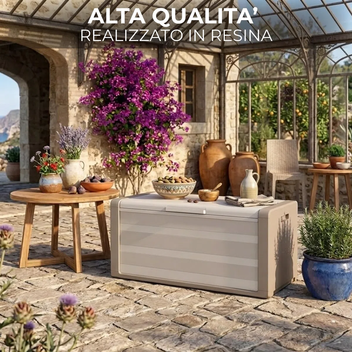 Baule Cassapanca in Resina Resistente Sabbia/Beige Predisposizione Lucchettabile Portaoggetti Contenitore Organizzatore per Esterno Interno Giardino 118x49x55 cm