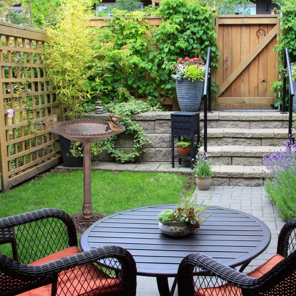 GYMAX Mangiatoia per Uccelli, Abbeveratoio Contenitori per Alimenti e Acqua Uccellini, Decorazioni Retrò per Giardino, Cortile, Patio (Bronzo, Φ51 x 76 cm)