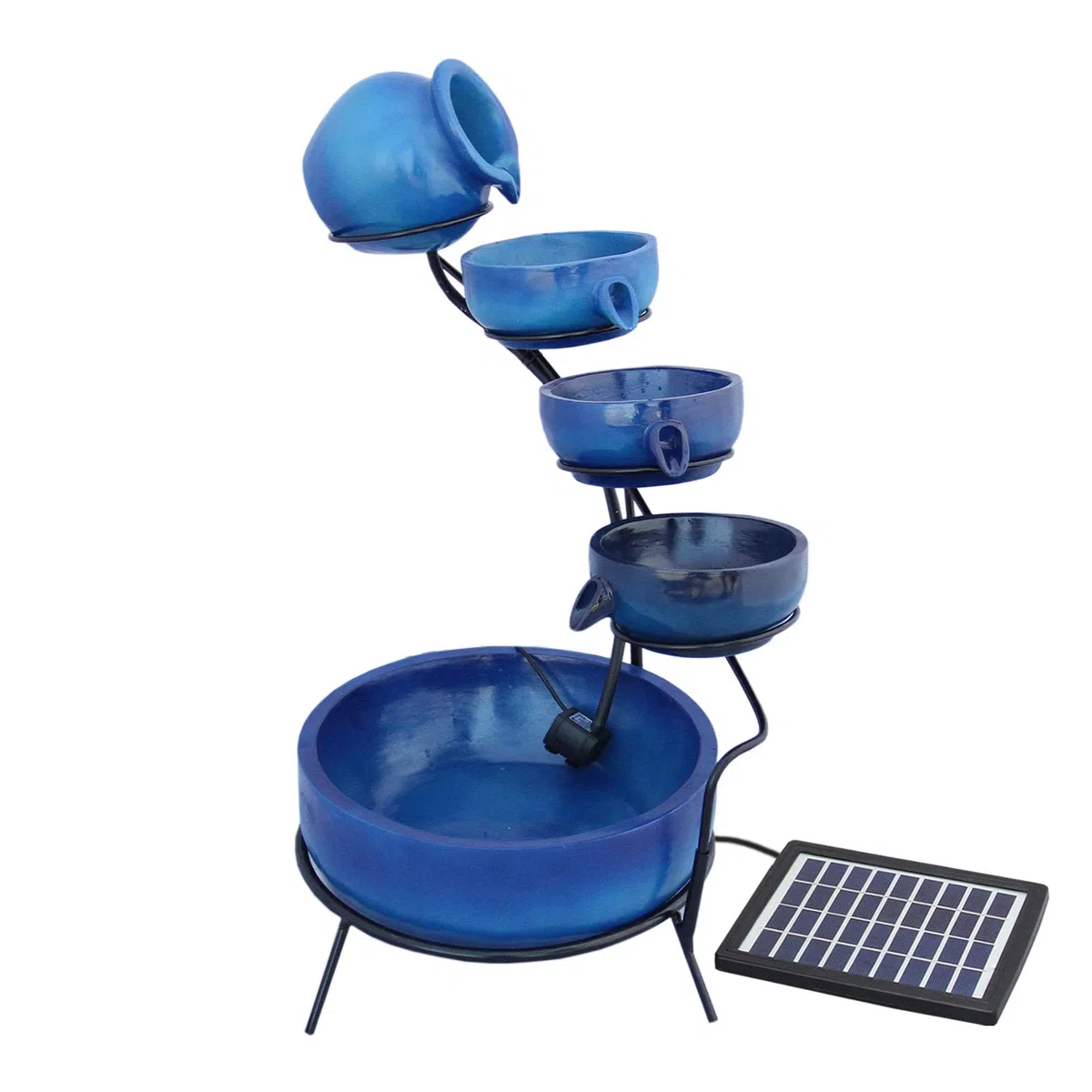 MonsterShop - Fontana Solare a Cascata da Giardino con Batteria di Supporto da 6 Ore Fontanella con Pannello Solare e Picchetto Fontanella a Vasi Fontana con Ciotole - Blu