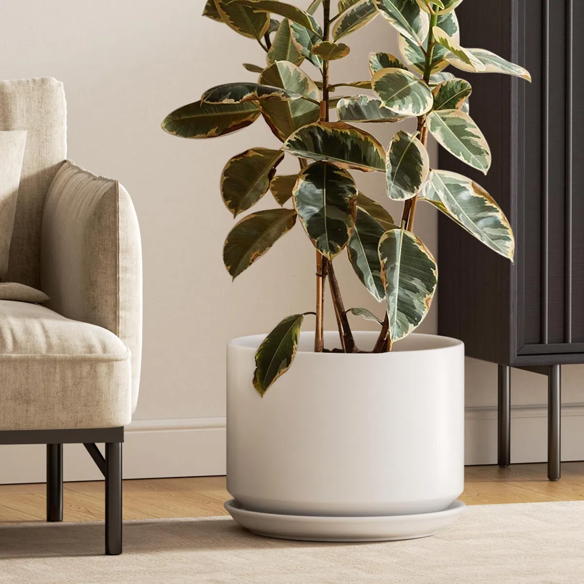 LE TAUCI Vaso per Piante da 30 cm, Vaso con Sottovaso Integrato e Foro di Drenaggio, Vaso in Ceramica Grande, Moderno e Resistente per Casa o Ufficio, Bianco Smalto Opaco