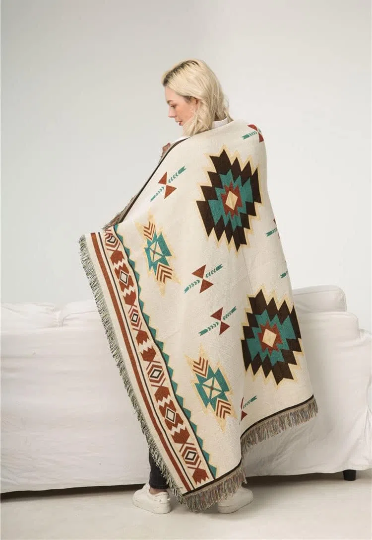 Coperta per Divano Etnico, Coperta Navajo，Adatto per Divano/Esterno/Campeggio(Size:90x90cm / 35.4x35.4in)