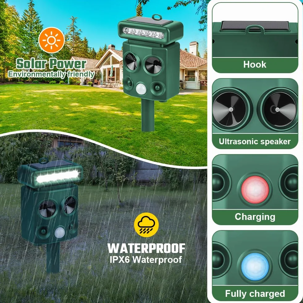 AOOWU Professionale Repellente per Gatti, Ultrasonico Solare Alimentato Animale Deterrente, Repellente per Roditori a Ultrasuoni con Luce Flash a LED, per Cani, Piccioni, Volpi, IP66 Impermeabile