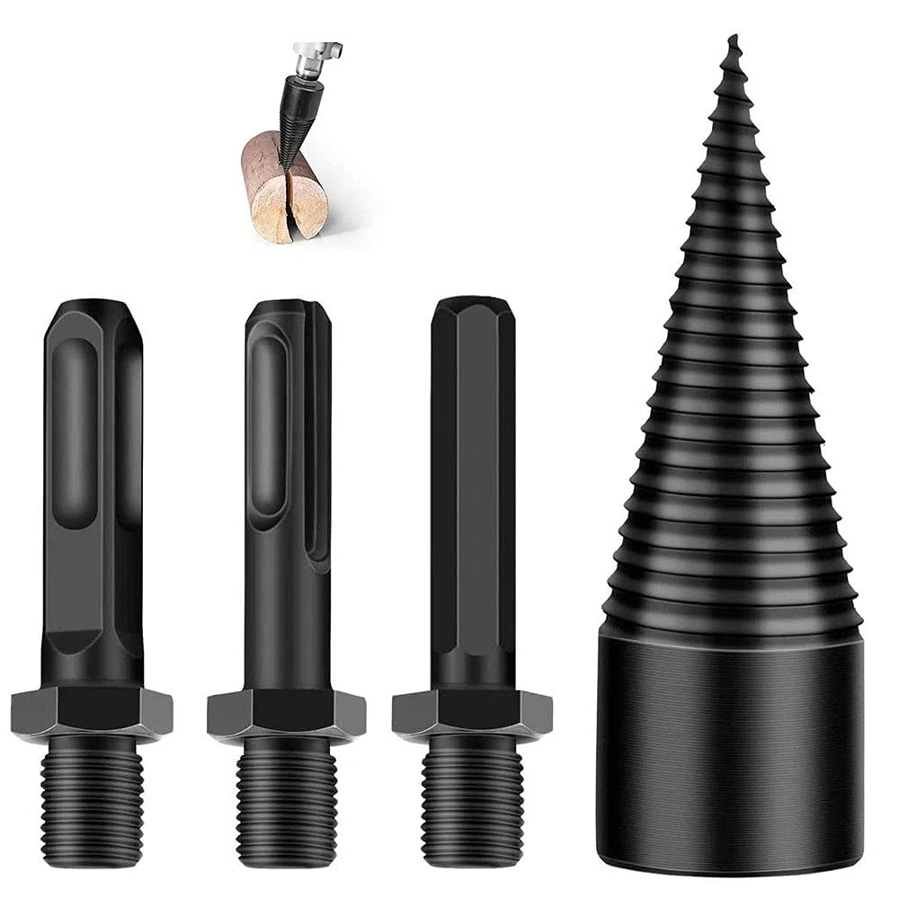 Punta per legna da ardere con gambo rotondo, professionale, spaccalegna a vite, cono, spaccalegna per legno, spaccalegna a spirale con 3 manici per trapano, per uso domestico (42 mm)