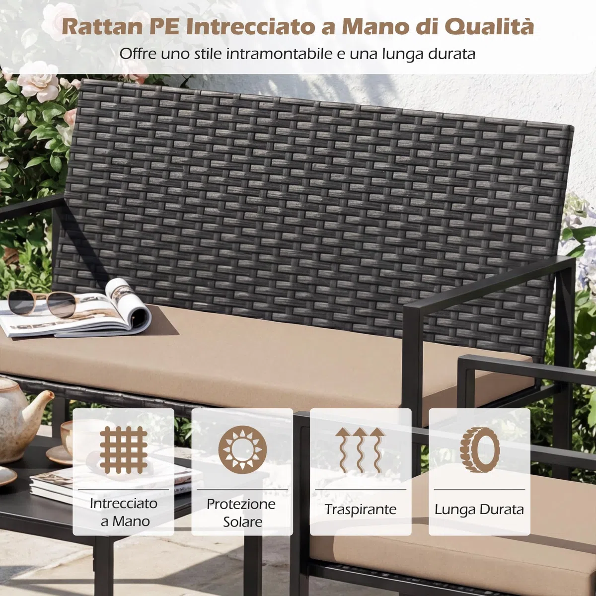 COSTWAY Set di Salotto da Giardino a 4 Pezzi, Poltrone e Divano per Esterno in Rattan con Tavolino da Caffè in Vetro Temperato e Cuscini Morbidi, Set di Conversazione per Cortile e Balcone (Giallo)