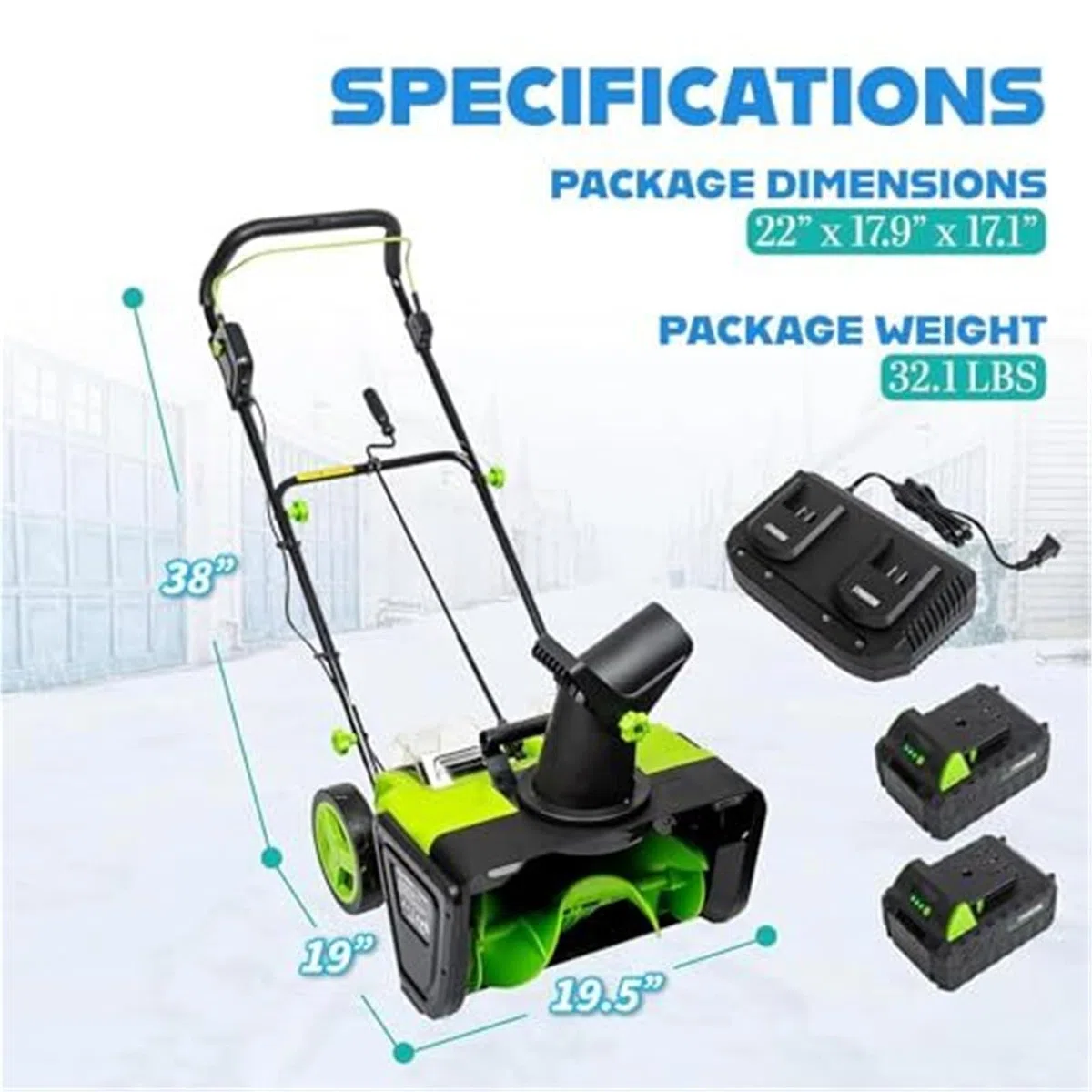 Spazzaneve elettrico senza fili, 50,8 cm, motore da 3500 W, doppia luce LED, distanza di lancio di 7,6 m, aratura 385,6 kg/min, scivolo regolabile, guanti e occhiali inclusi