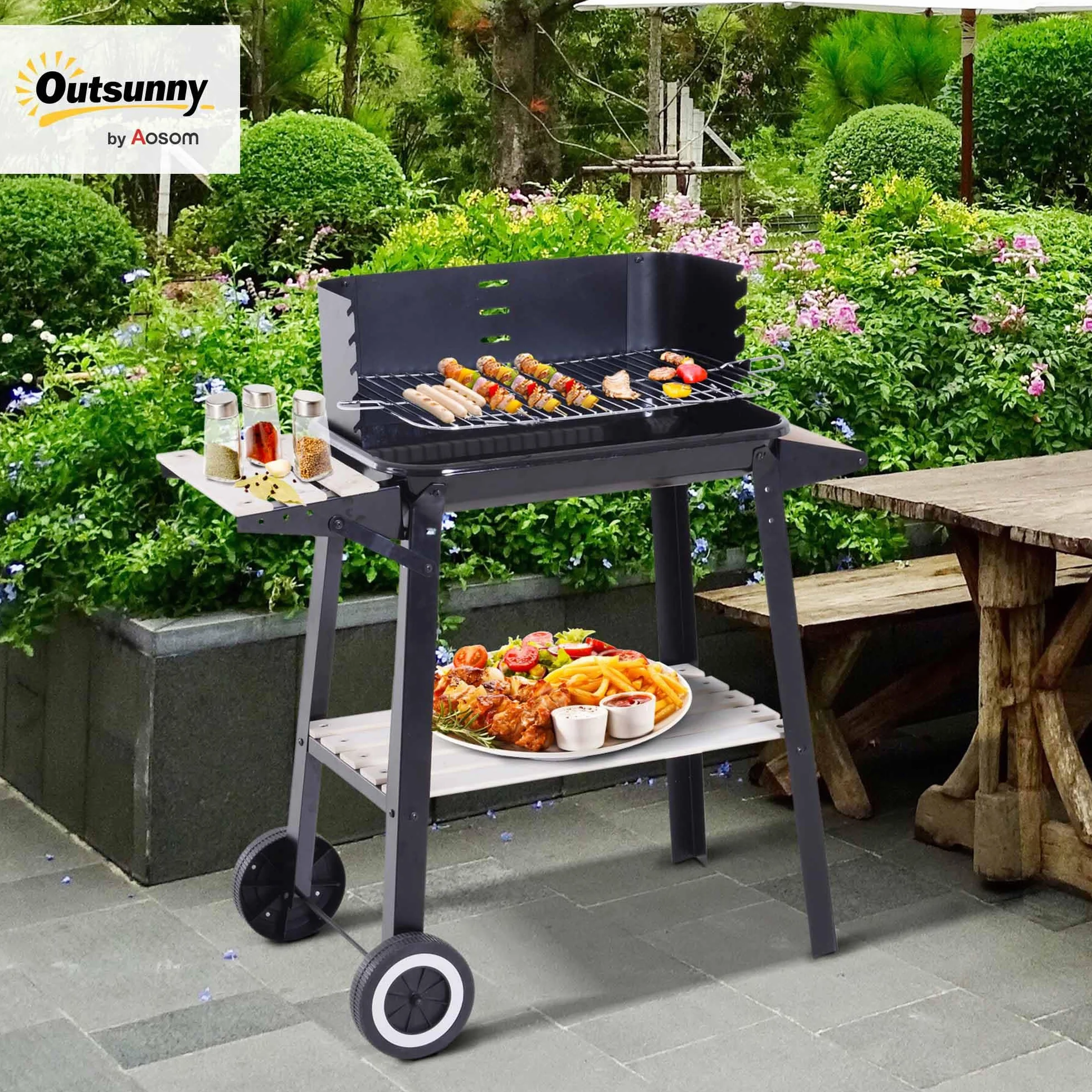 Outsunny Griglia a Carbone Barbecue BBQ Carrello Grill per Picnic con Ruote da Balcone Giardino in Ferro e Legno 83 × 37 × 87 cm Nero