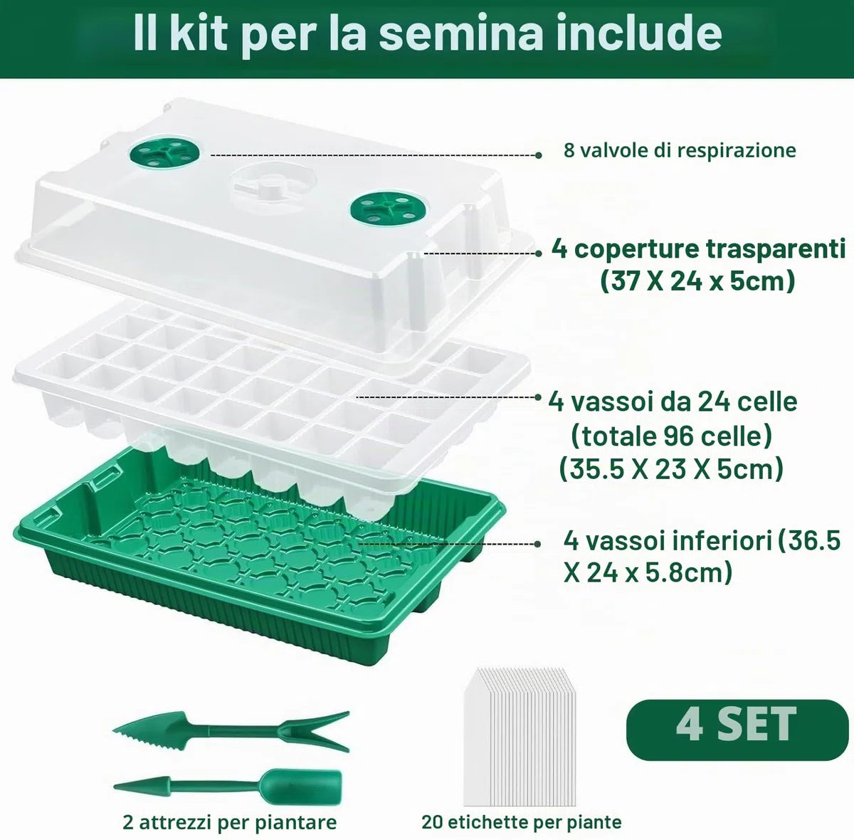LATERN 4 Pezzi Vassoi per Piantine, 24 Celle Vassoio per Vivaio in Plastica Propagatore di Semi di Fiori con Sfiato Regolabile per Serra Giardino Casa Piantina (con 20 Etichette, 2 Attrezzi)