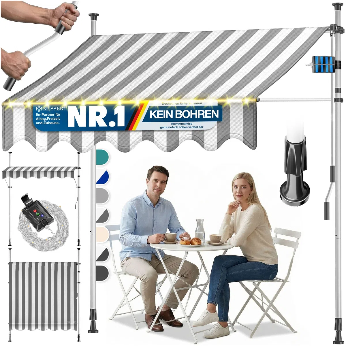 KESSER Tenda da sole con manovella e catena luminosa a LED, tenda da sole per balcone, tenda da sole senza fori, resistente ai raggi UV, regolabile in altezza e impermeabile, protezione solare per