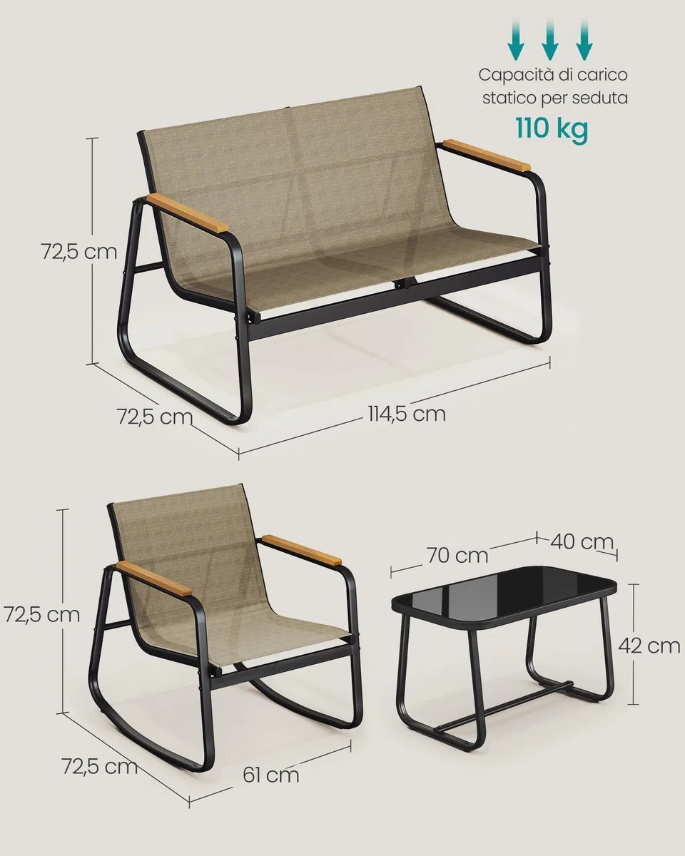 SONGMICS Set Mobili da Giardino, Set da Balcone, 2 Sedie a Dondolo con Tavolino, Panchina da Giardino, Acciaio, Tessuto Sintetica Traspirante, per Terrazza e Giardino, Marrone Chiaro GGF0028KZ01
