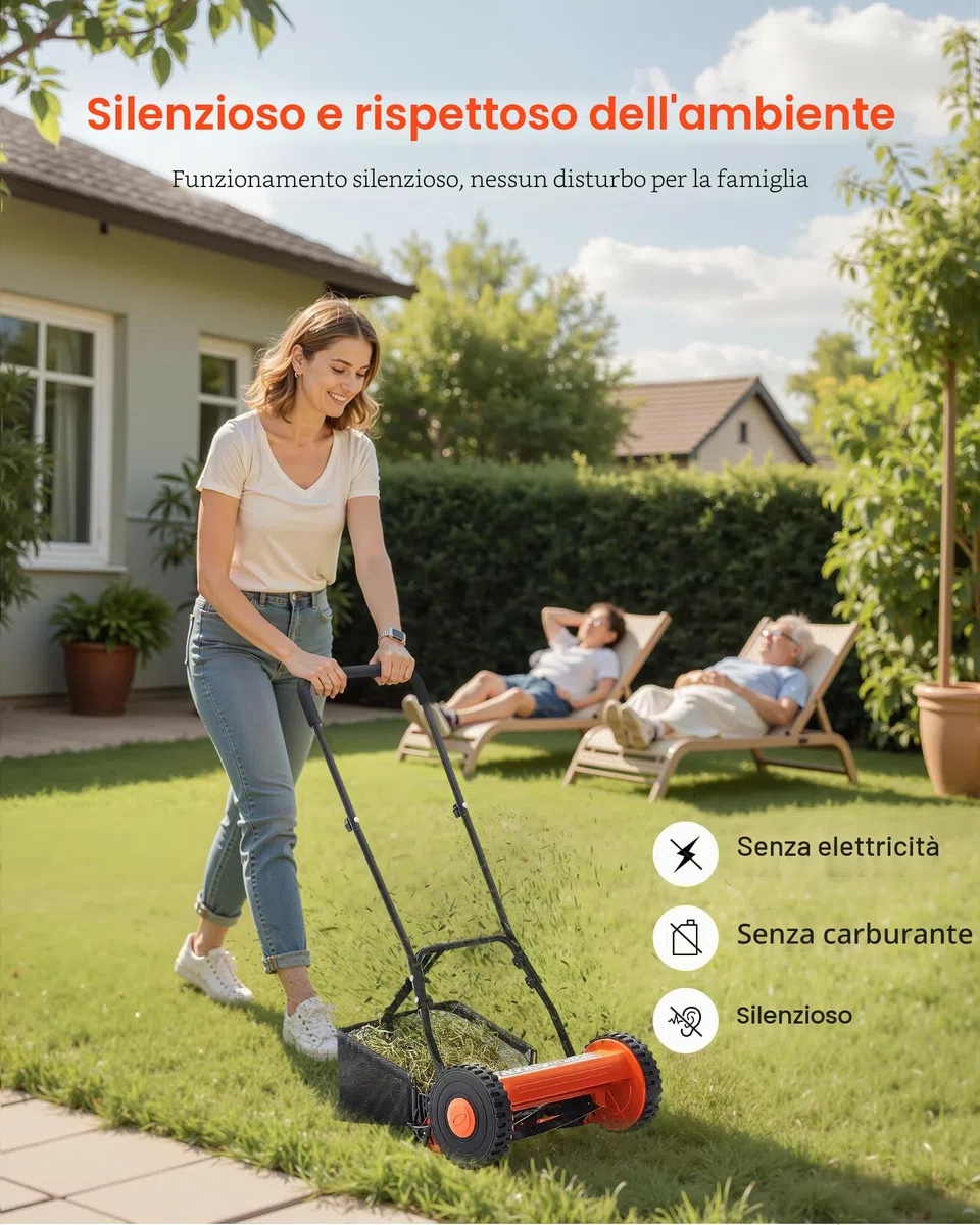 VEVOR Tosaerba a Spinta Manuale con 5 Lame Larghezza di Taglio 400 mm, Senza Motore, Altezza di Taglio Regolabile da 15-45 mm, Rasaerba a Spinta con Sacco Raccoglierba per Giardino Prato