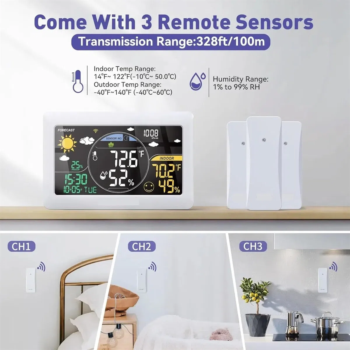 Stazione Meteo, Stazione meteorologica Termometro wireless for interni ed esterni Sveglia da parete App for pressione Monitoraggio previsioni in tempo reale online per la famiglia(Black 1 Sesor)