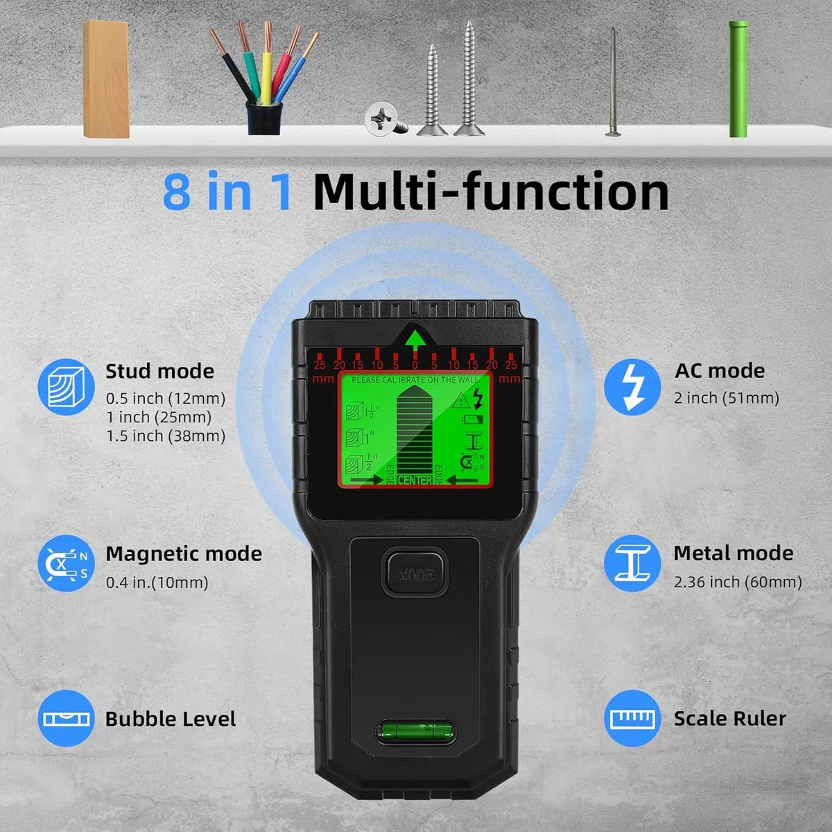 Rilevatore Tubi e Cavi Elettrici - Scanner Multifunzione con Display LCD e Allarme Sonoro, Rilevatore di Fili per Legno, Cavi AC, Metallo, Travetti e Tubi, nero