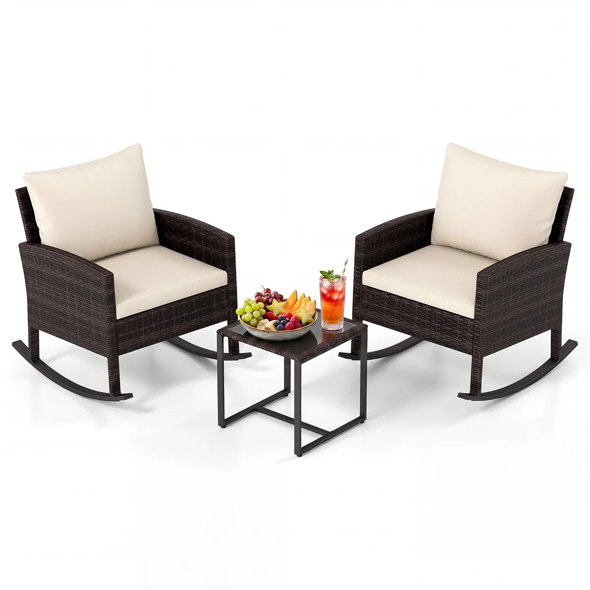 SOARS Salotto da Esterno 3 Pezzi in Rattan, Set Mobili da Giardino con 2 Poltrone a Dondolo, Tavolino da Caffè in Vetro Temperato e Comodi Cuscini con Fodera Lavabile, per Balcone, Cortile (Beige)