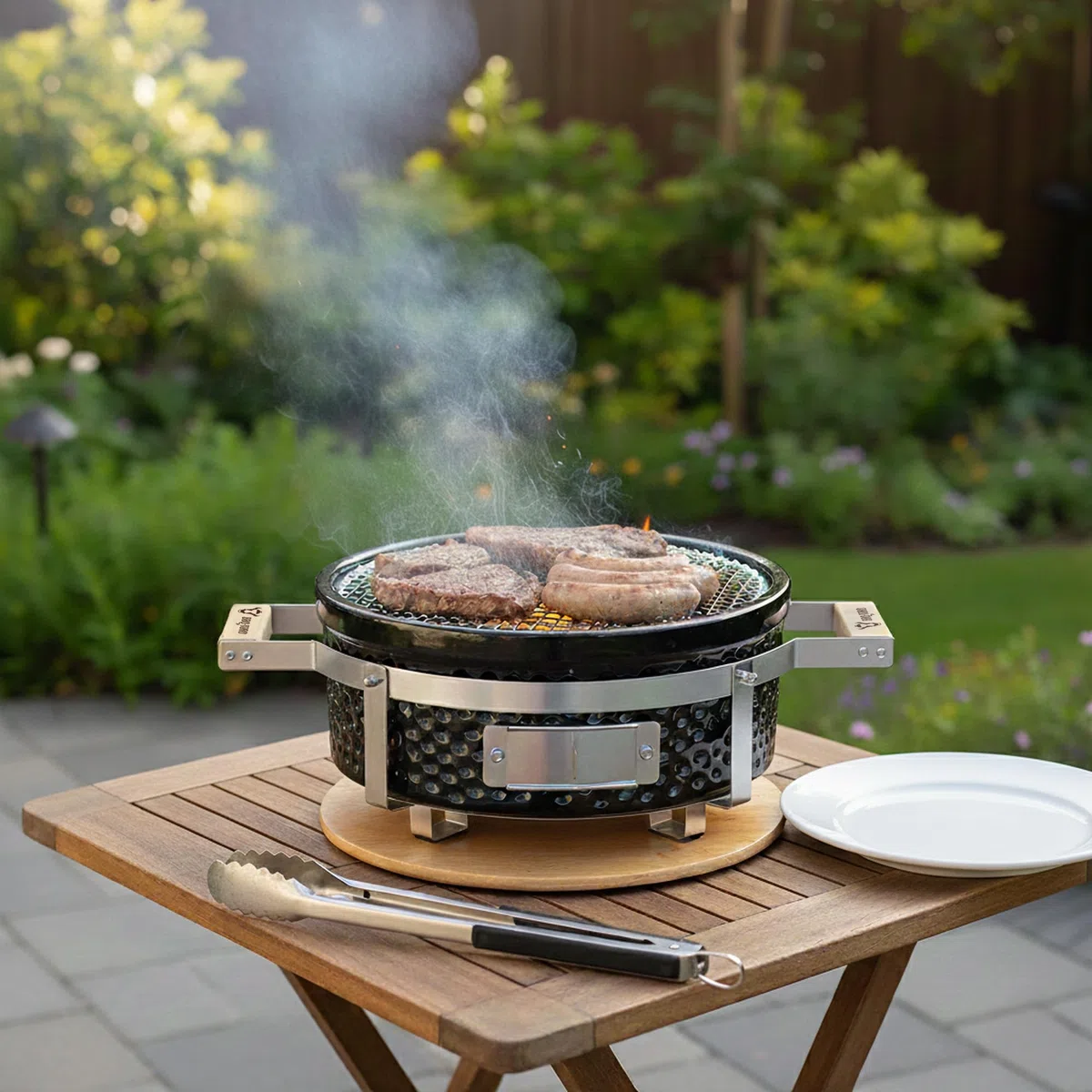 BBQ-Toro Barbecue da tavolo in ceramica, rotondo, diametro 29,5 cm, con base in legno, Hibachi, barbecue in ceramica, barbecue a carbonella, barbecue da tavolo senza elettricità, raclette giapponese