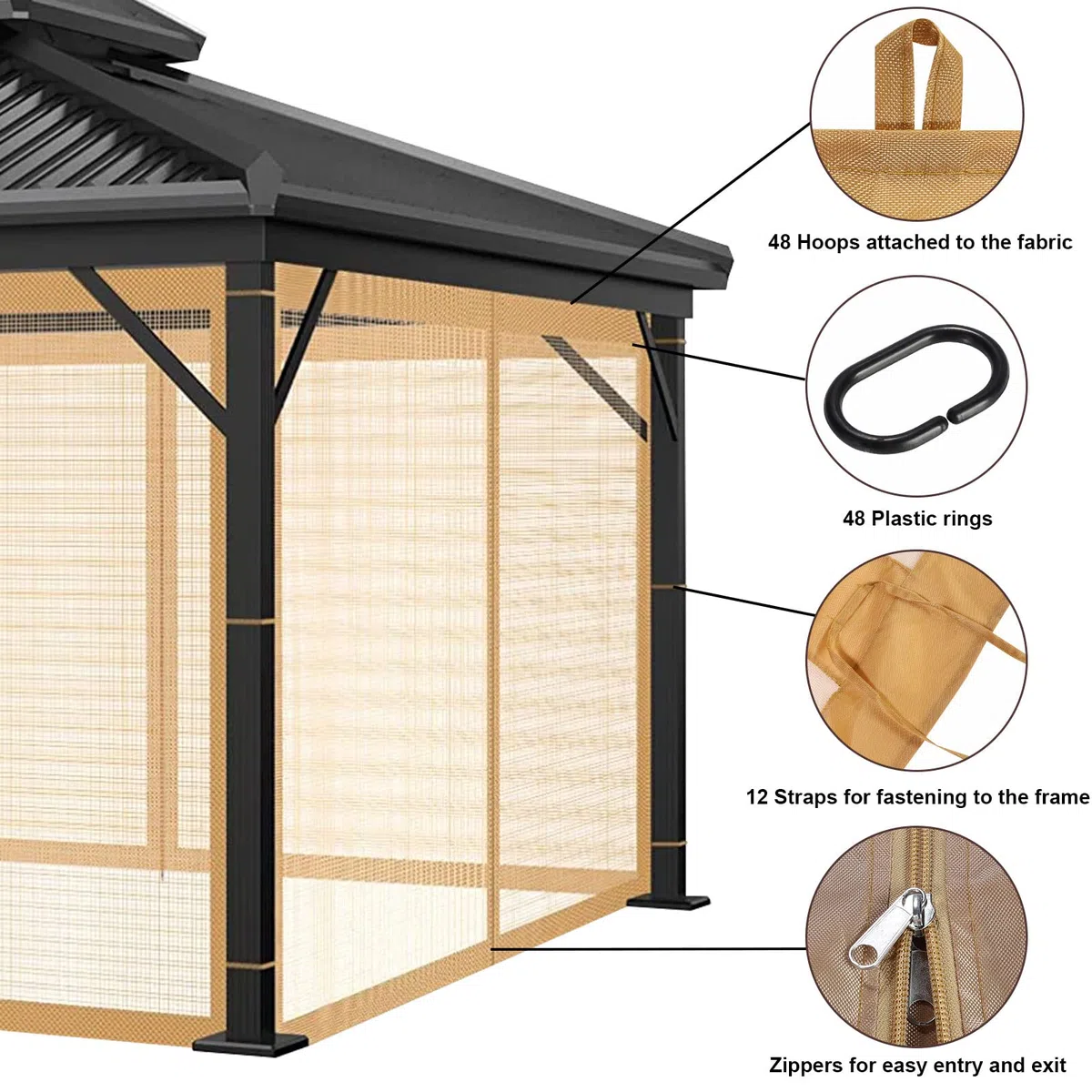 Gazebo, Zanzariera, Rete per Gazebo da Esterno, Ricambio, Universale, 4 Pannelli, Pareti Laterali con Cerniera, Zanzariera Impermeabile, 3 x 3 m, Marrone