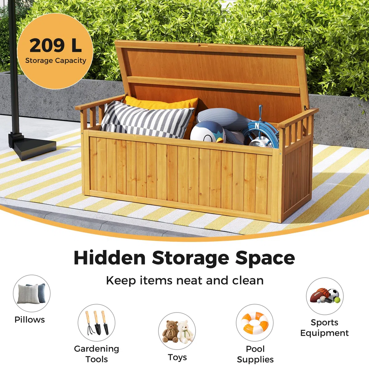 HOMASIS Cassapanca da Esterno Impermeabile 209L, Baule da Esterno in Legno con Coperchio e Braccioli, Panca Contenitore Resistente alle Intemperie per Balcone, Terrazzo, 128 x 58 x 53 cm (Naturale)