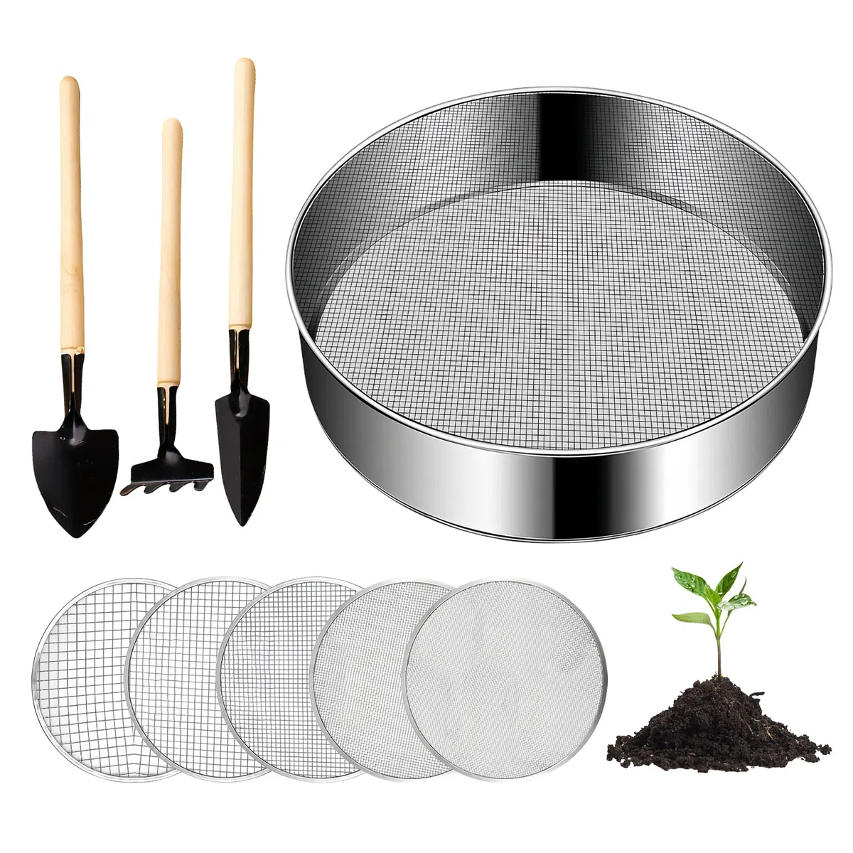 BORDEAG Setaccio da Giardino Rotondo,20 Cm Setaccio da Giardino in Acciaio Inox con 5 Inserti Intercambiabili 3,6,9,10,12 mm E Pala,Setaccio per Terreno Rotondo,Setaccio Rotondo da Giardino per Terra