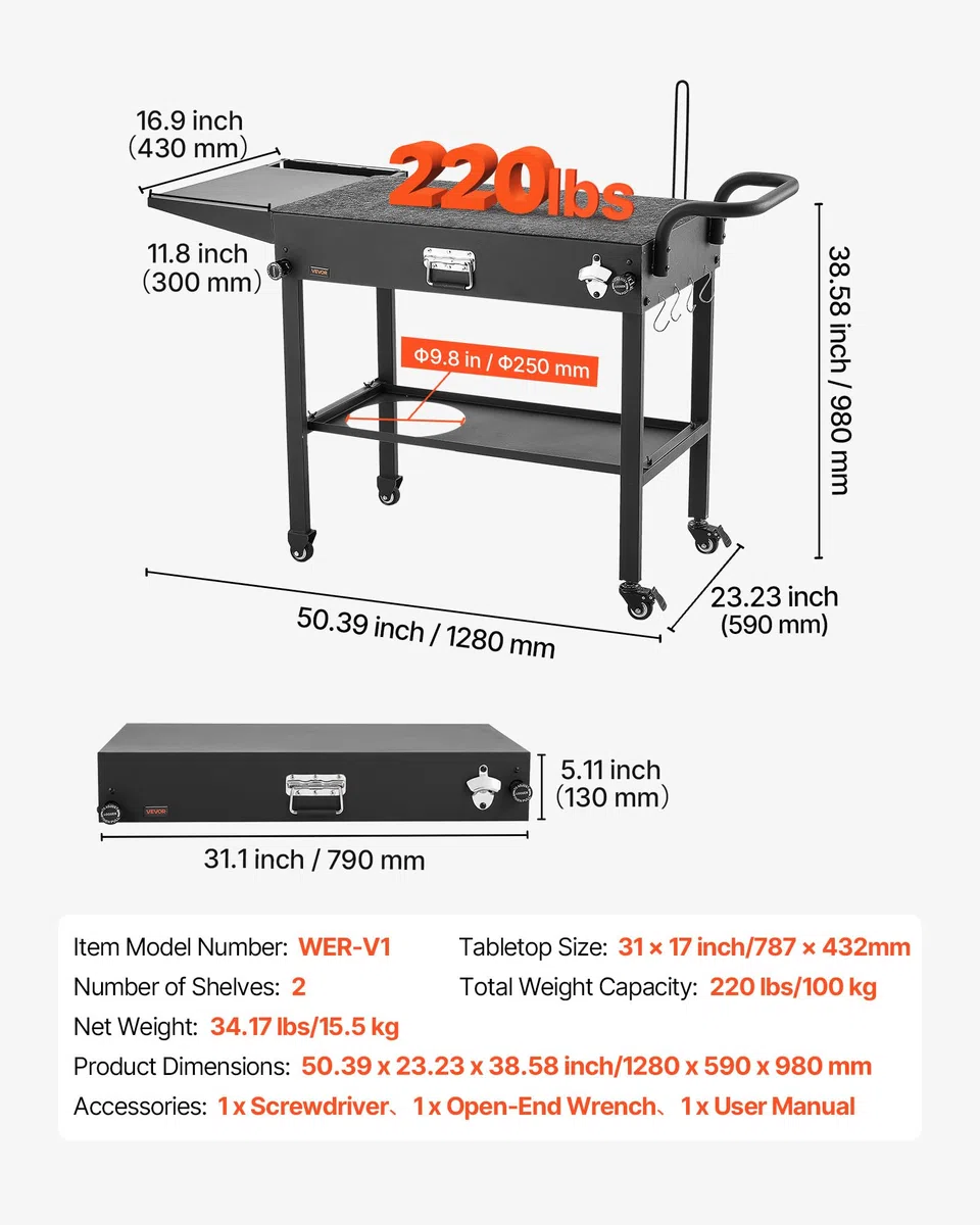 VEVOR Carrello per Griglia da Esterno Tavolo da Griglia da 787 x 432 mm Pieghevole per Esterni con Porta Fazzoletti, Ganci, Ruote, Tavolino Laterale, Tavoli per la Preparazione del Barbecue