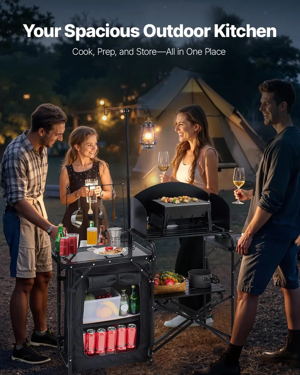 VEVOR Tavolo da Cucina da Campeggio all'Aperto, Stazione di Cottura Portatile in Alluminio con Armadio Portaoggetti, Borsa per Trasporto, Parabrezza Staccabile, per Barbecue, Festa, Picnic, Nero