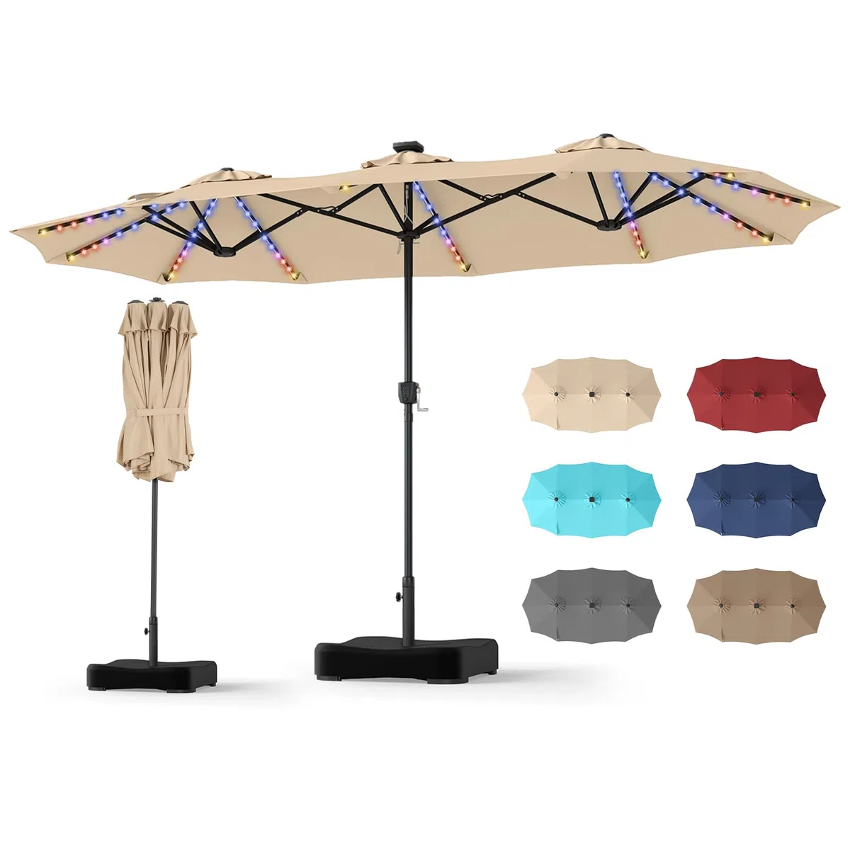 COSTWAY Ombrellone da Giardino Doppio 370 x 220 cm, con 12 Stecche, 108 Luci LED Solari, 12 Modalità, 3 Prese d'Aria, Manovella e Base, Anti-UV, per Spiaggia, Piscina e Cortile