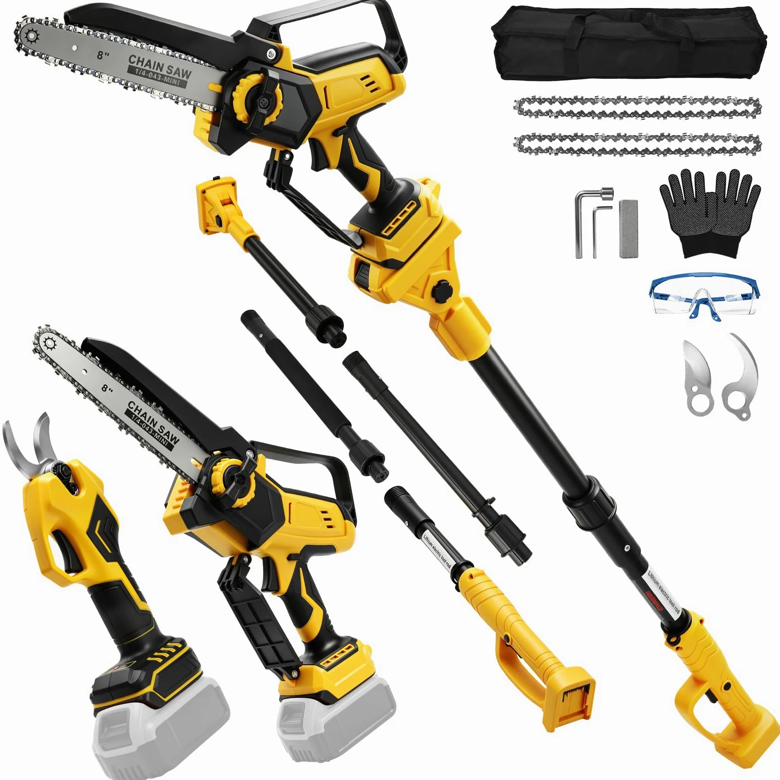 8 Pollici Motosega a Batteria Telescopica & 28 mm Forbici Potatura a Batteria Compatibile con Dewalt 18 V, 20 V, 4-in-1 Kit Motosega e Forbici, Portata Massima Fino a 4,5 m