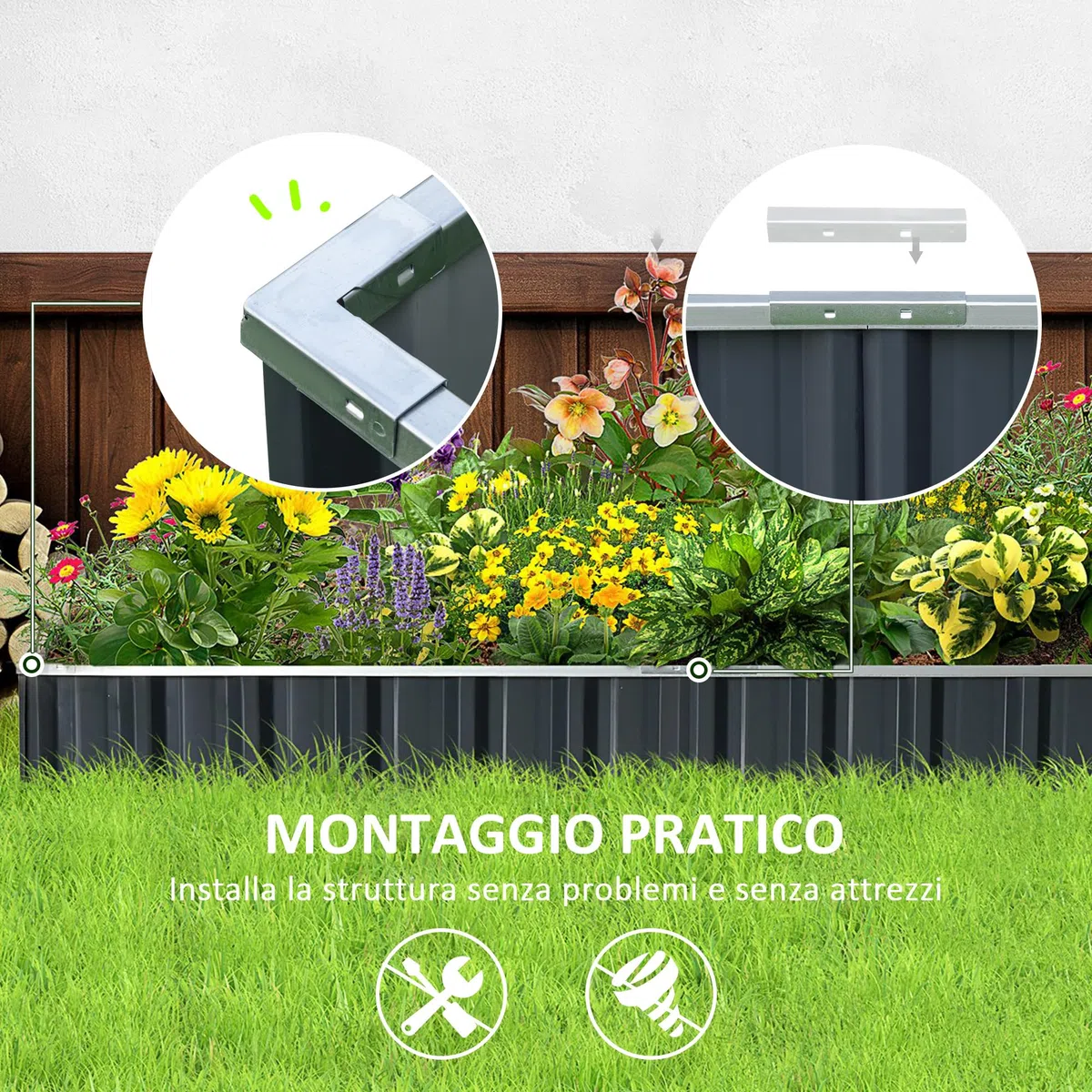 Outsunny Letto per Orto Rialzato da Esterno 645L, Fioriera da Esterno in Acciaio Galvanizzato con Fondo Aperto, per Piante, Fiori e Verdure, 258x90x30cm, Grigio Scuro