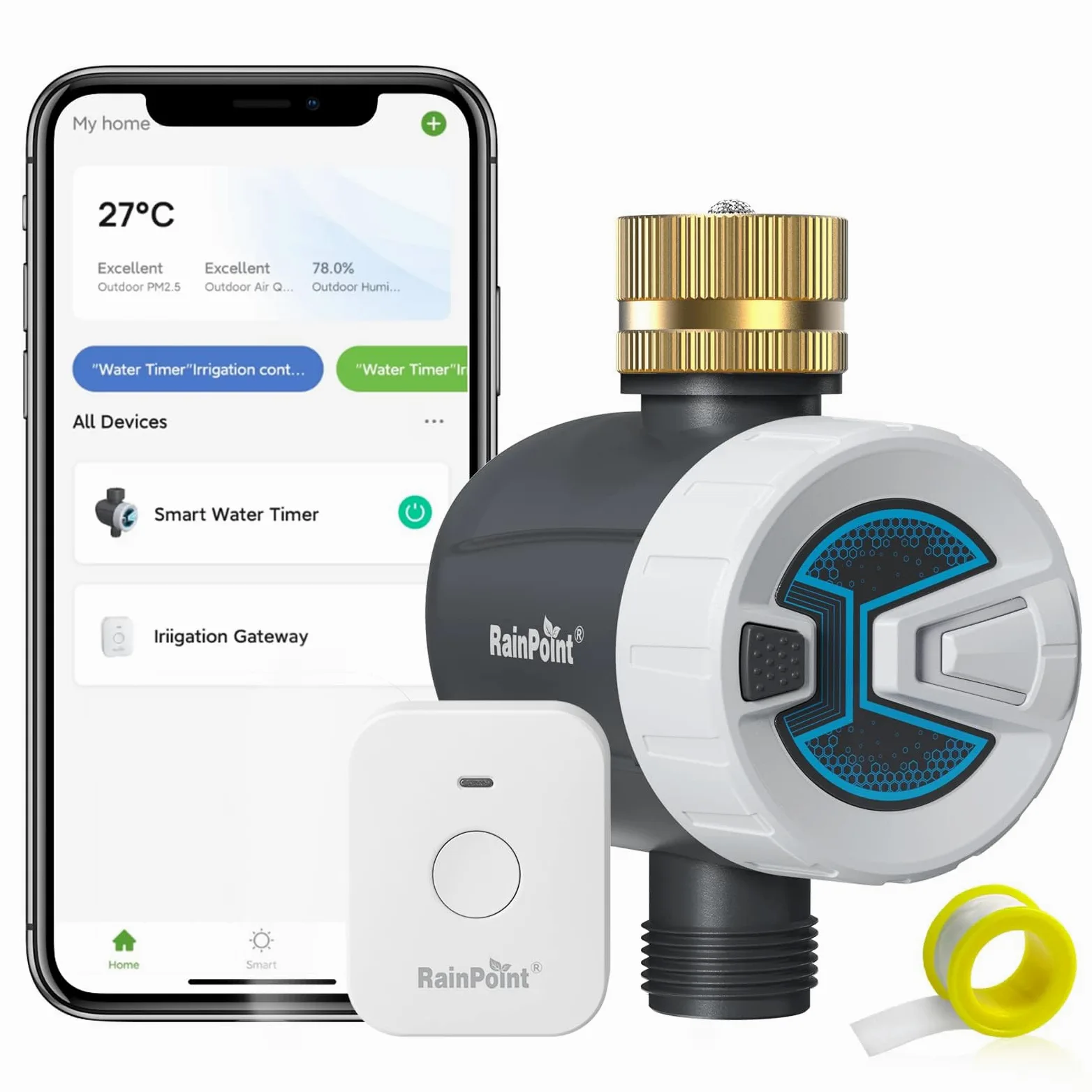 RAINPOINT Centralina Irrigazione WiFi, Computer Irrigazione Automatica con Ingresso in Ottone, Telecomando Smart APP Tramite WiFi 2,4 GHz o Bluetooth, Timer Irrigazione Wifi per Prato Giardino