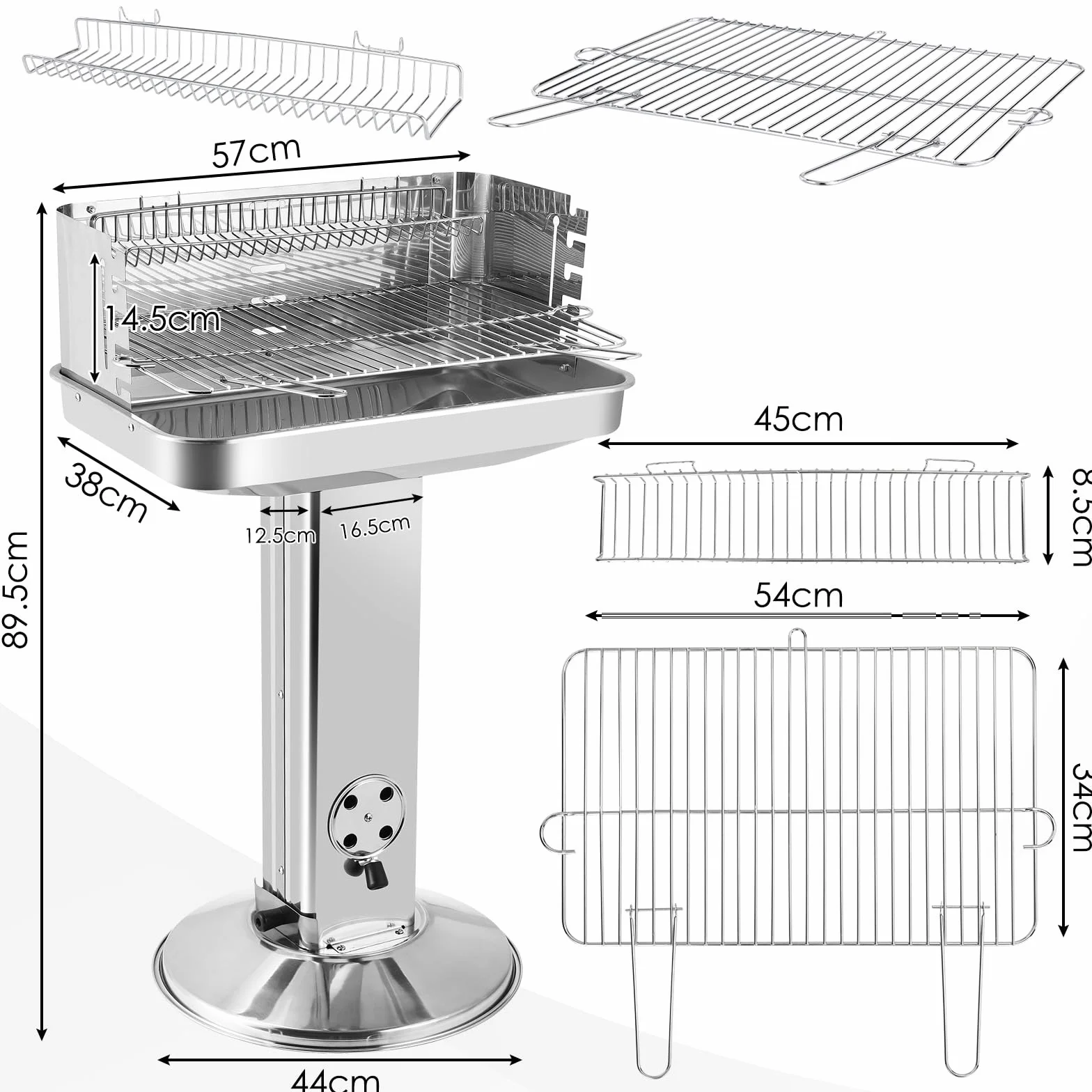 TLGREEN 57*38*90 cm Barbecue a colonna in acciaio inox, Altezza regolabile in 5 posizioni, Barbecue da esterno con Cassetto cenere, ventilazione e griglia cromata, Outdoor, Party, Giardino, Spiagge
