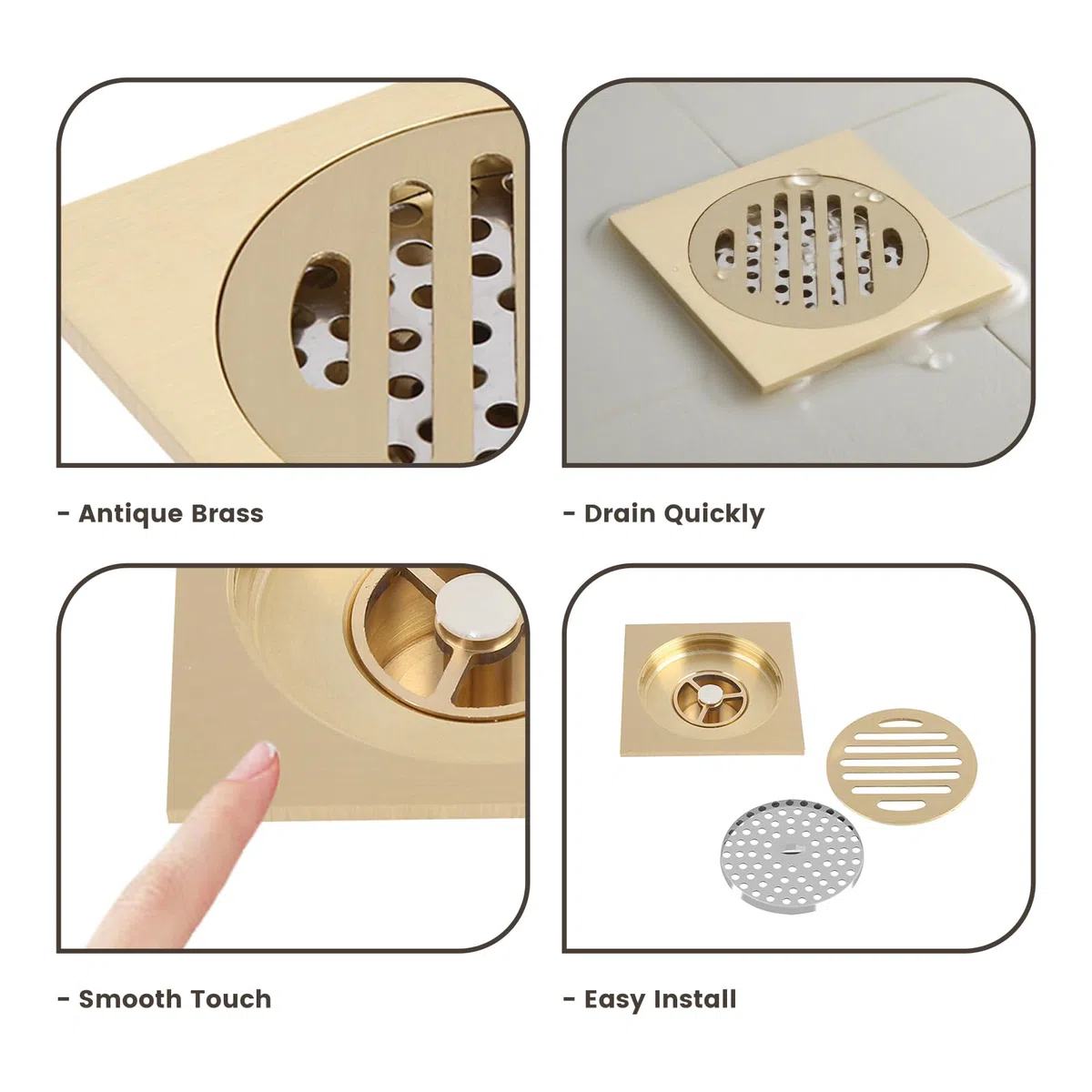 Scarico a Pavimento Quadrato in Ottone, Griglia Per Rifiuti Per Doccia da Bagno dal Design Moderno, Accessorio Domestico Durevole Ed Efficiente, Scarico a Pavimento Per Bagno, Scarico a Pavimento Per