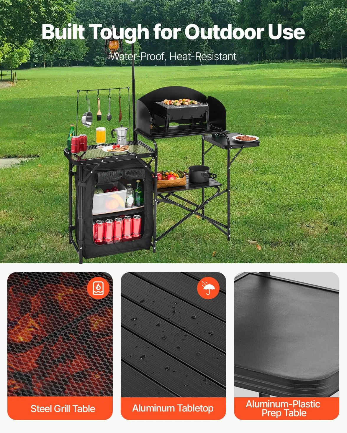 VEVOR Tavolo da Cucina da Campeggio all'Aperto, Stazione di Cottura Portatile in Alluminio con Armadio Portaoggetti, Borsa per Trasporto, Parabrezza Staccabile, per Barbecue, Festa, Picnic, Nero