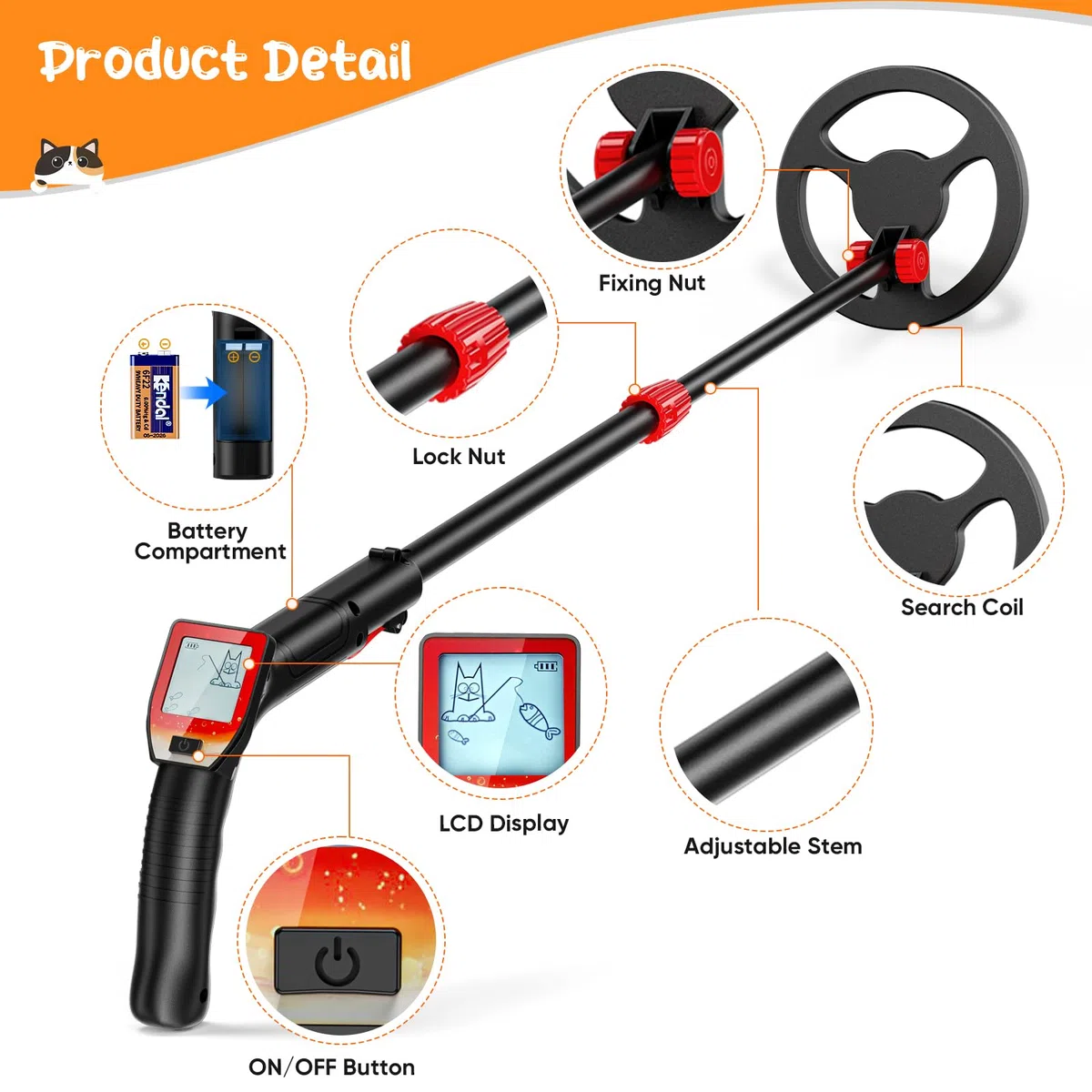 Metal Detector per Bambini, Metaldetector con Display LCD, Metal Detector Leggero ad Alta Precisione con Bobina di Ricerca Impermeabile Pala Rastrello e Setaccio e Borsa per l'oro