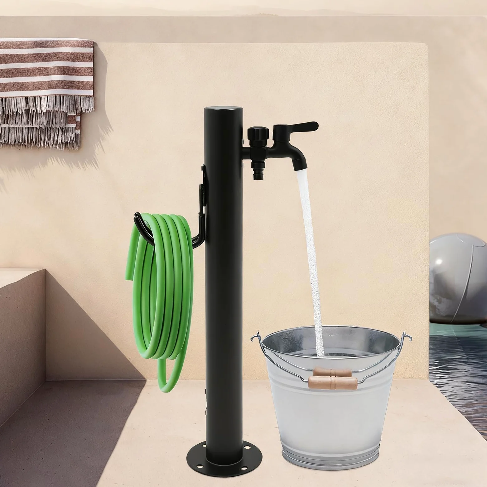 Colonna d'acqua in acciaio inox 60 cm, rubinetto esterno antigelo, robusto rubinetto montato a pavimento, per giardino, campeggio e fontane (rotondo)