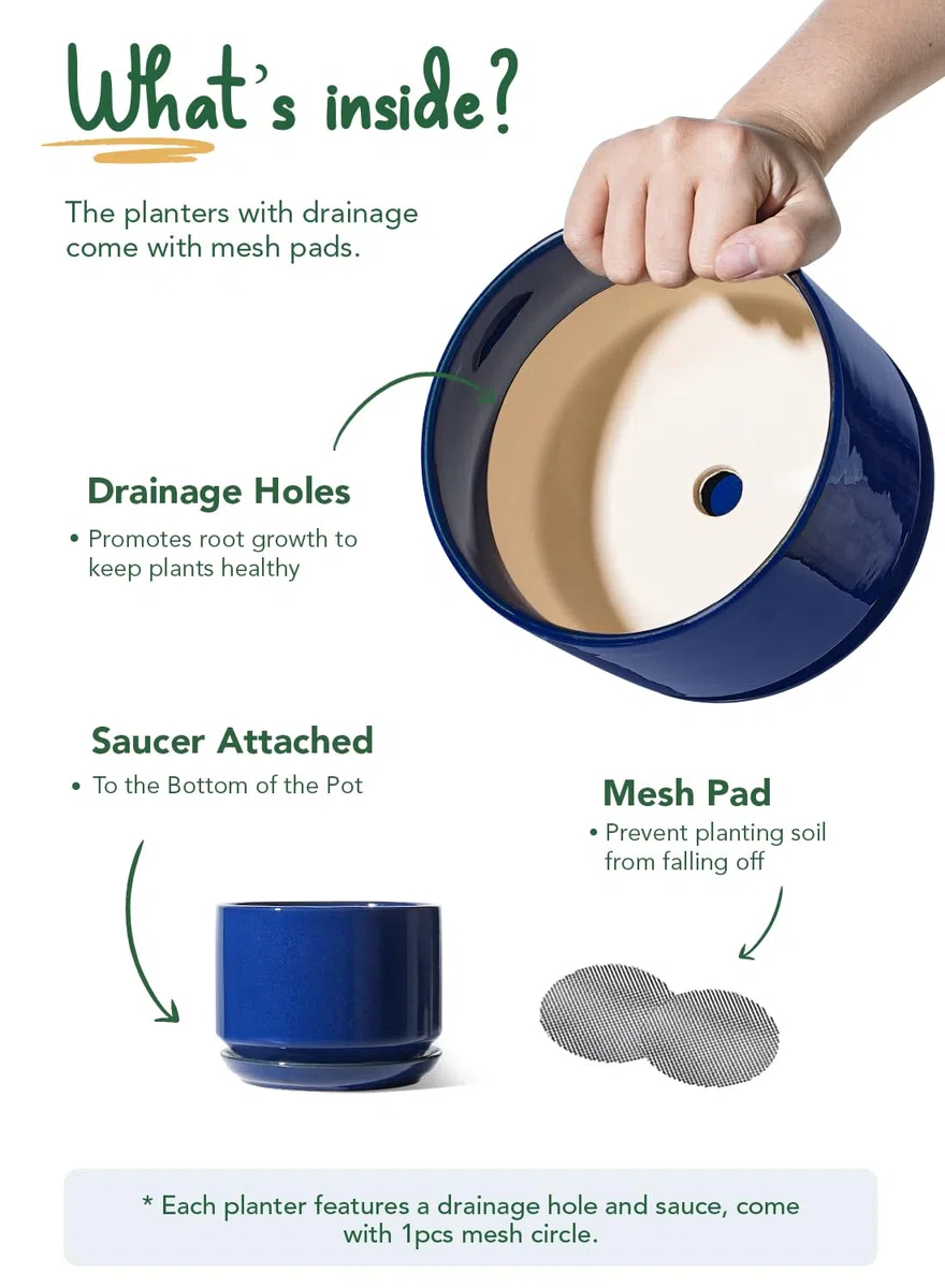 LE TAUCI Set da 3 Vaso in Ceramica per Piante, 11+13+17 cm di Diametro Vaso per Piante da Interno, Vasi Piccoli con Sottovaso e Foro di Drenaggio, Regali per la Mamma, Blu Zaffiro