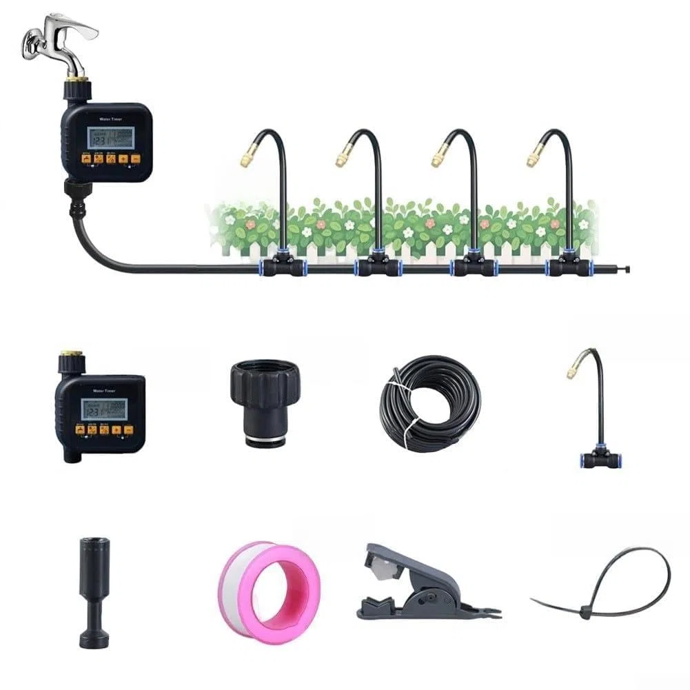 Sistema di irrigazione automatico delle piante con timer per giardino, kit di irrigazione regolabile con ugello spray incluso tubo PE e connettori rapidi per aiuole, set di 5 metri di lunghezza (10 m)